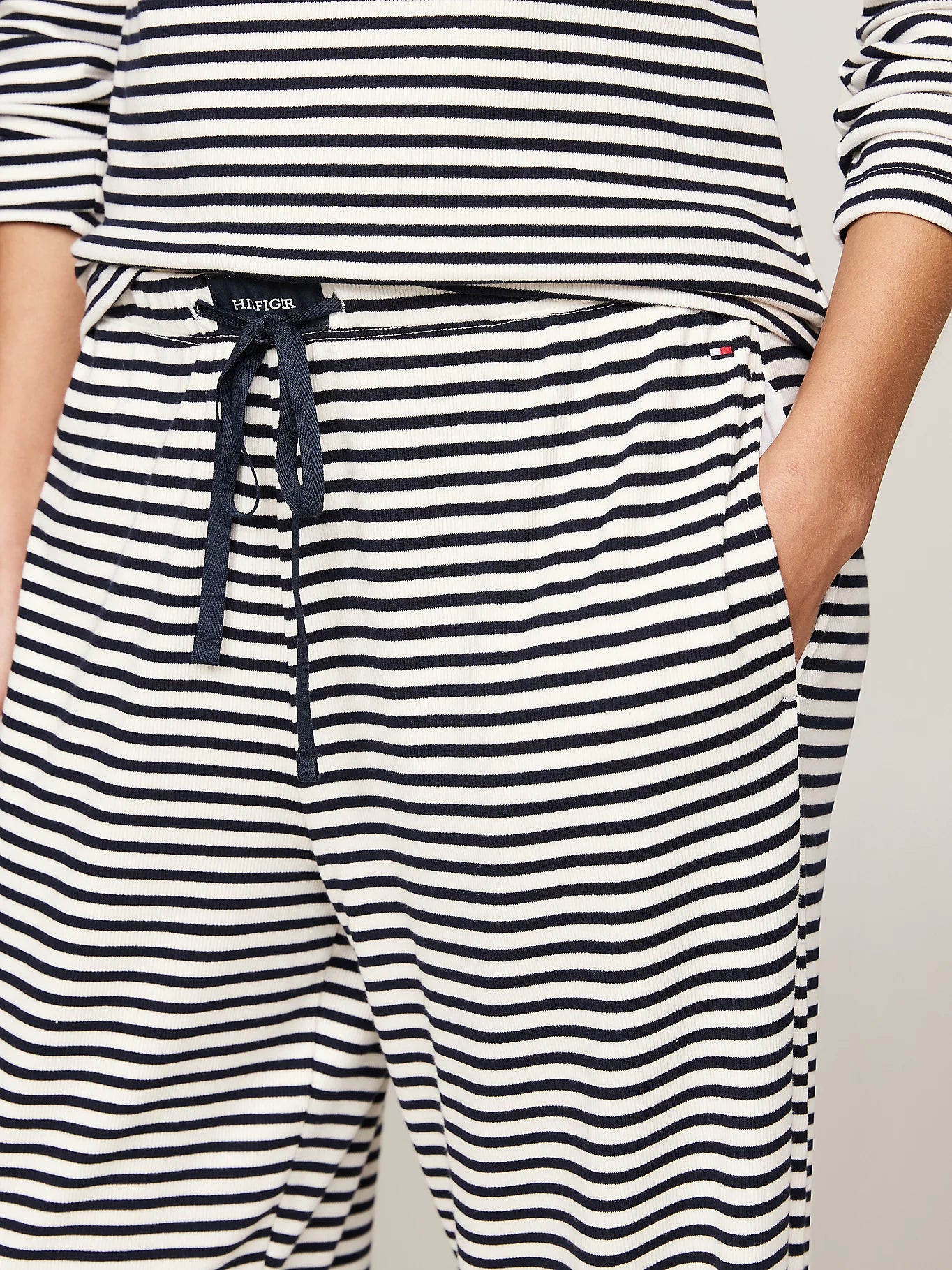 Tommy Hilfiger MONOTYPE Womens Pyjama Set Mini Bretton Stripe Desert Sky detail view of striped pants with pockets