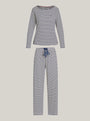 Tommy Hilfiger MONOTYPE Womens Pyjama Set Mini Bretton Stripe Desert Sky flat lay view featuring long-sleeve top and pants.