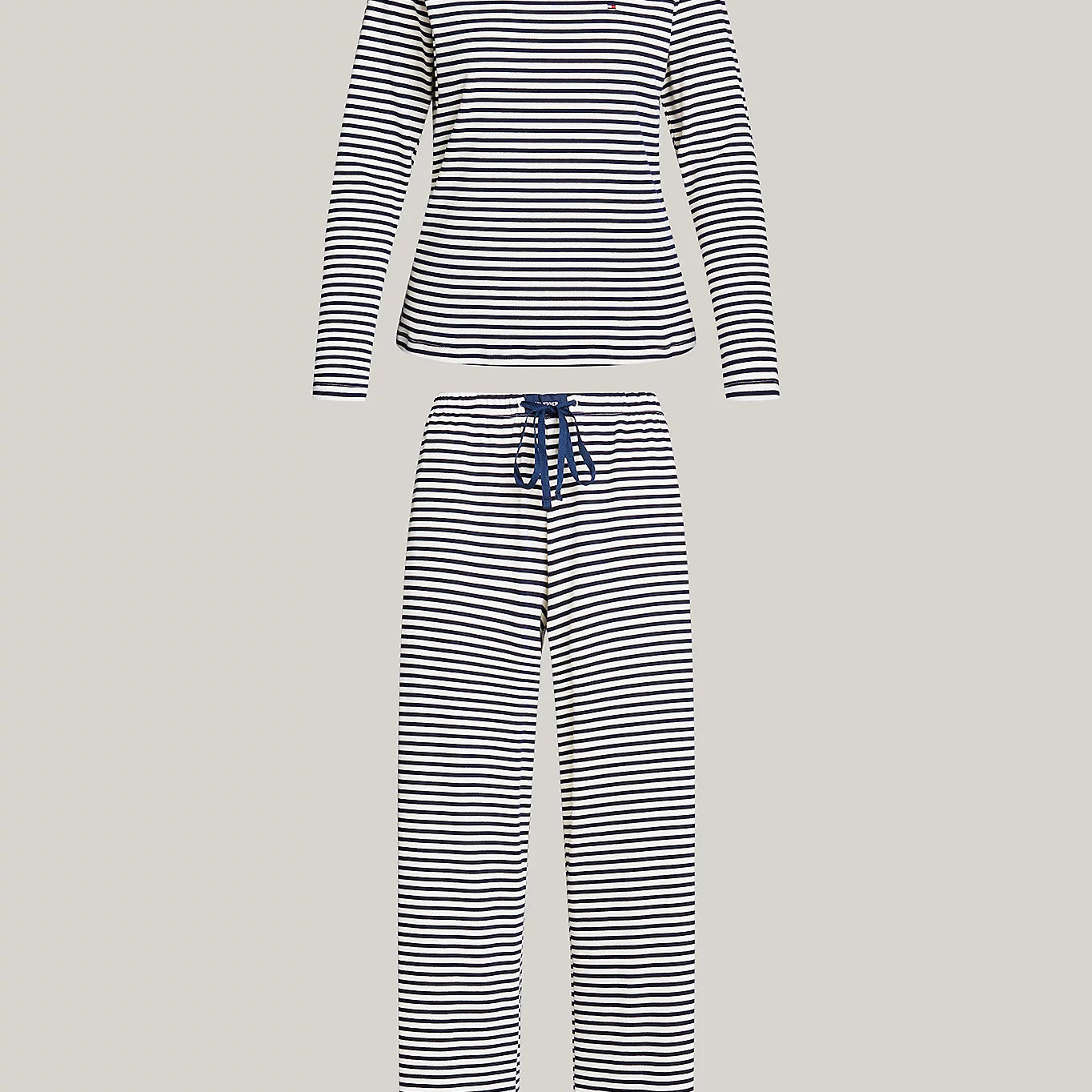 Tommy Hilfiger MONOTYPE Womens Pyjama Set Mini Bretton Stripe Desert Sky flat lay view featuring long-sleeve top and pants.