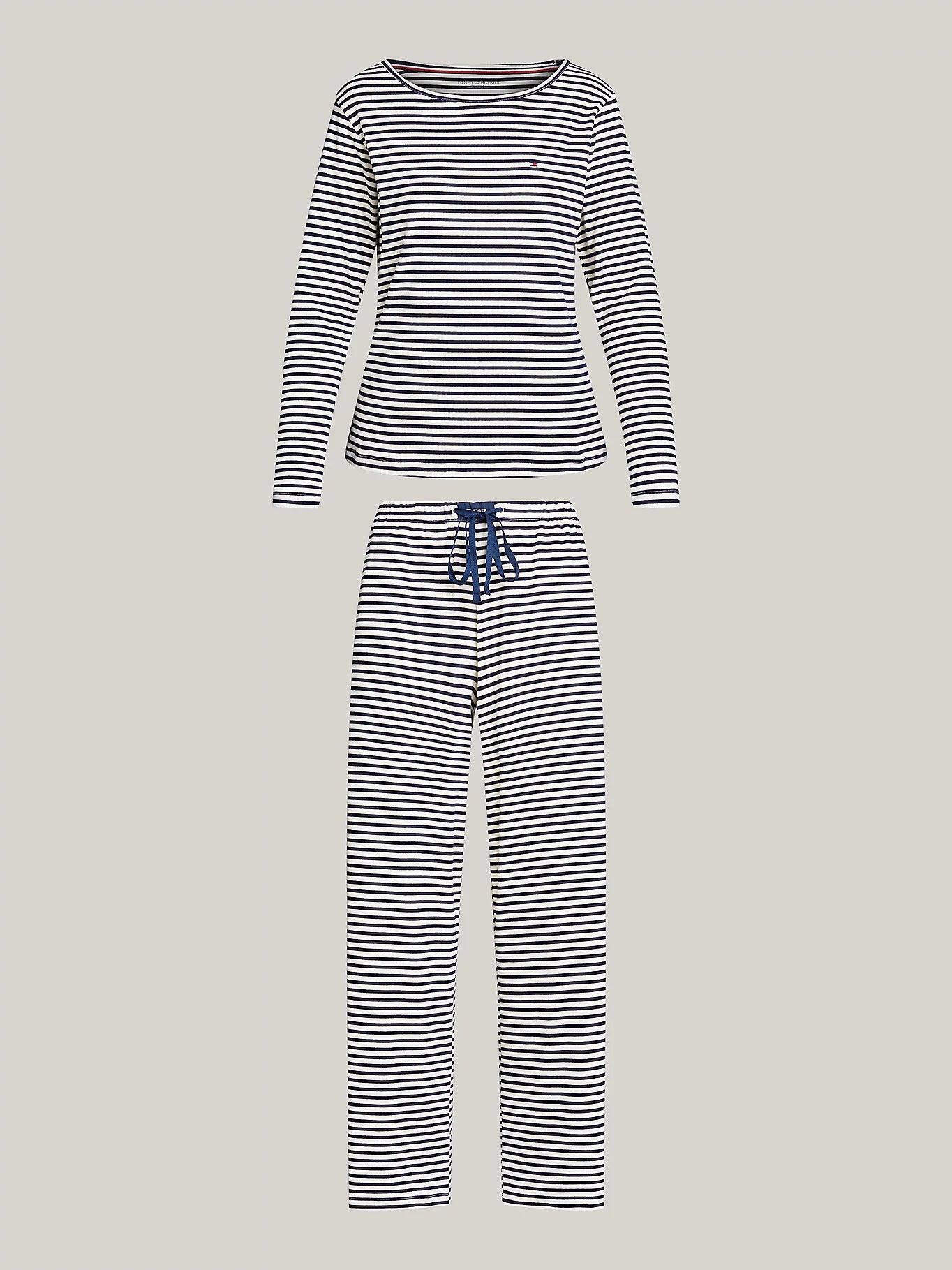 Tommy Hilfiger MONOTYPE Womens Pyjama Set Mini Bretton Stripe Desert Sky flat lay view featuring long-sleeve top and pants.