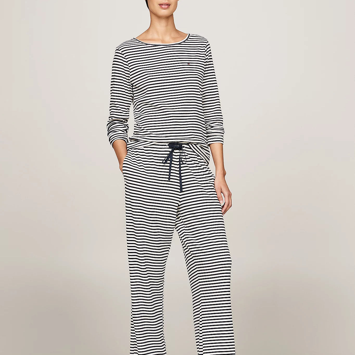 Tommy Hilfiger MONOTYPE Womens Pyjama Set Mini Bretton Stripe Desert Sky front view model showcasing comfortable long-sleeve design.