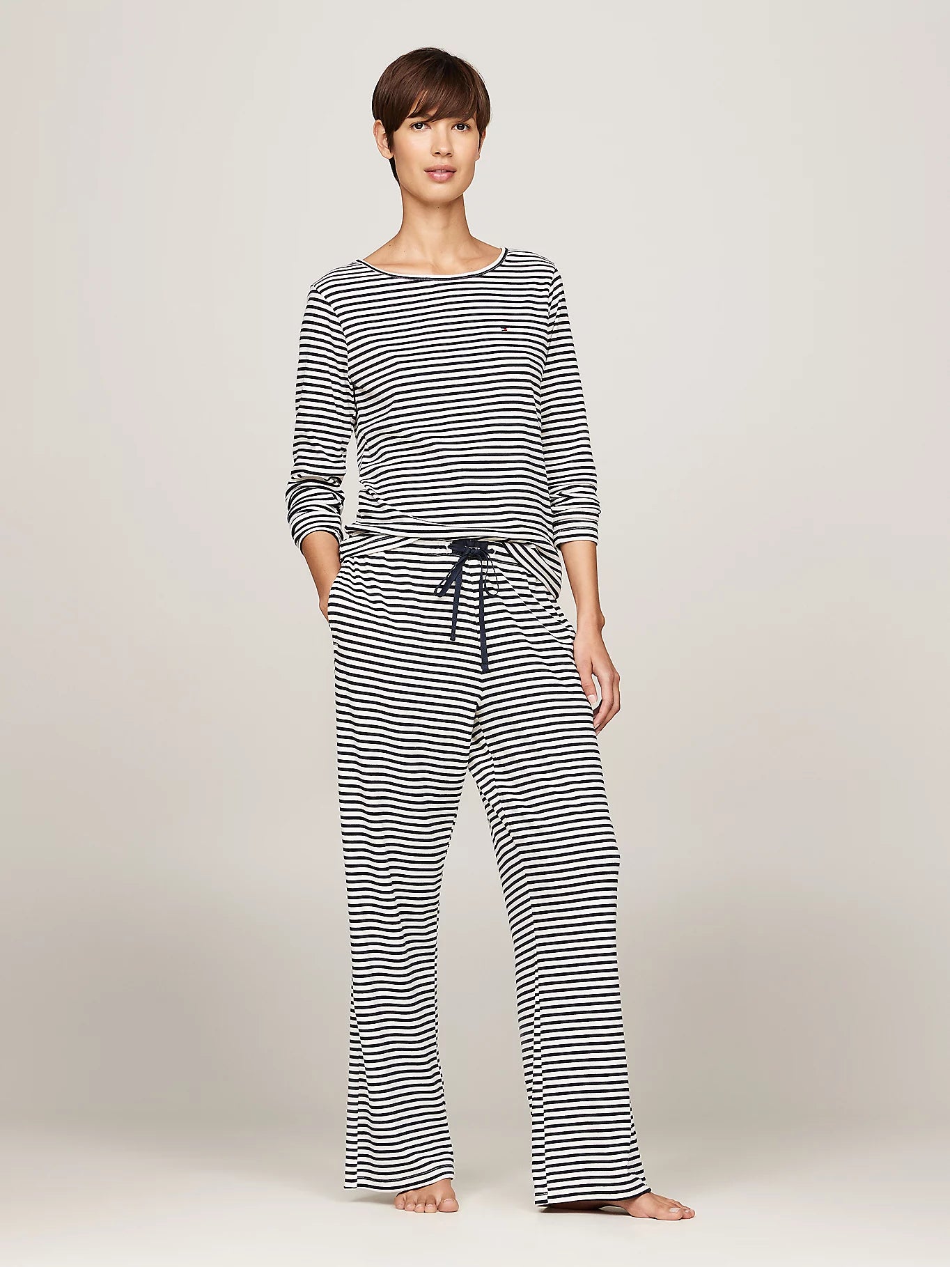 Tommy Hilfiger MONOTYPE Womens Pyjama Set Mini Bretton Stripe Desert Sky front view model showcasing comfortable long-sleeve design.