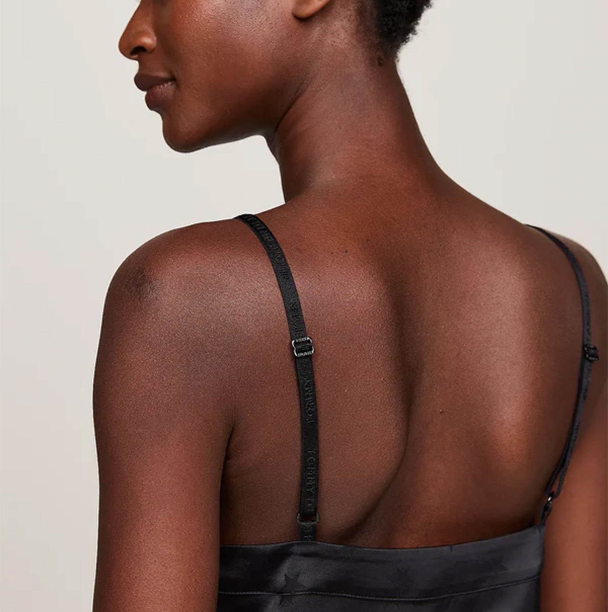 Tommy Hilfiger ESS HOLIDAY Womens Cami & Long Pants Black back view showcasing spaghetti straps and sleek design.
