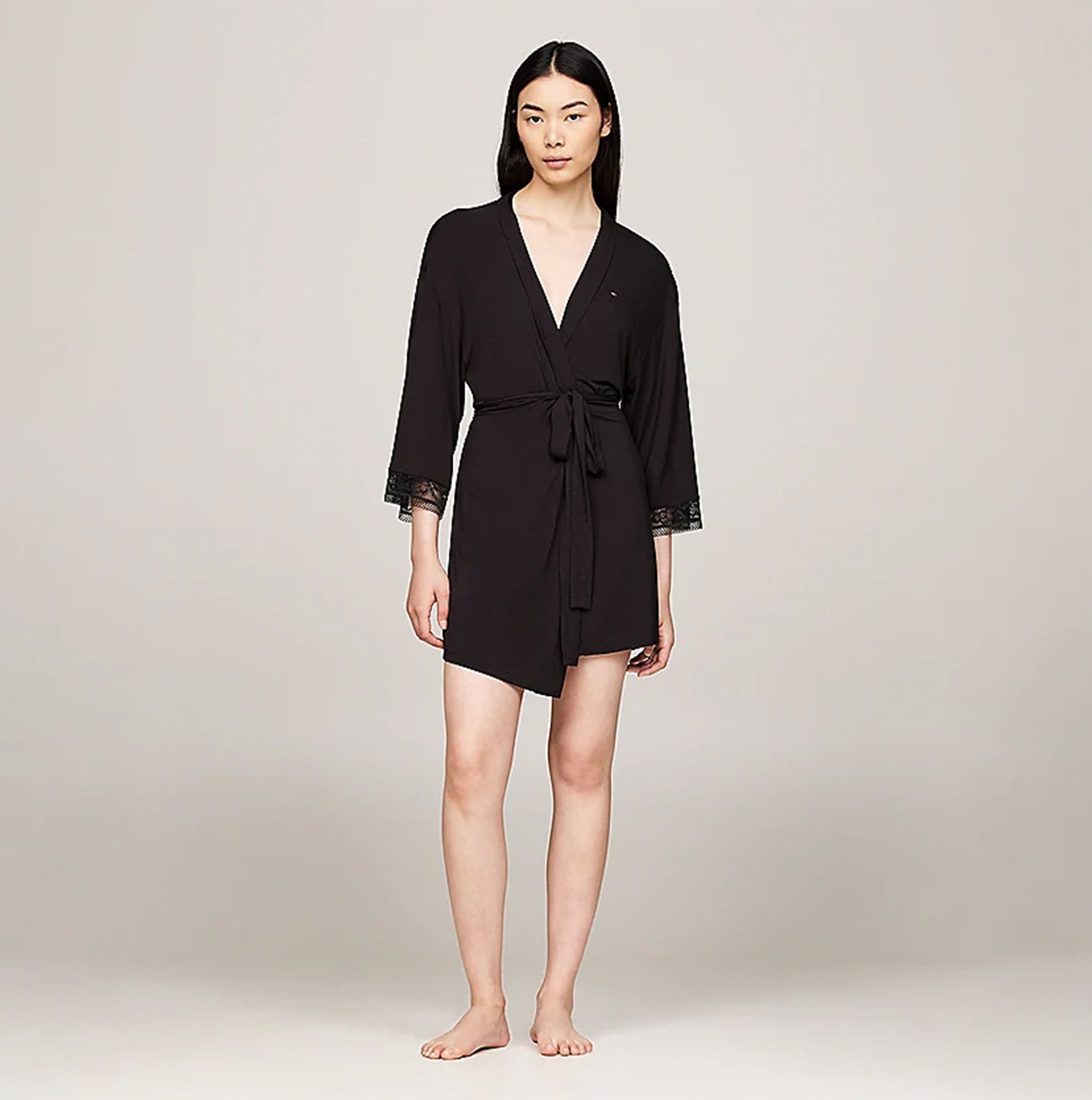Tommy Hilfiger COMFORT Womens Modal Lace-Trim Kimono Robe Black front view with lace trim on cuffs and relaxed fit.