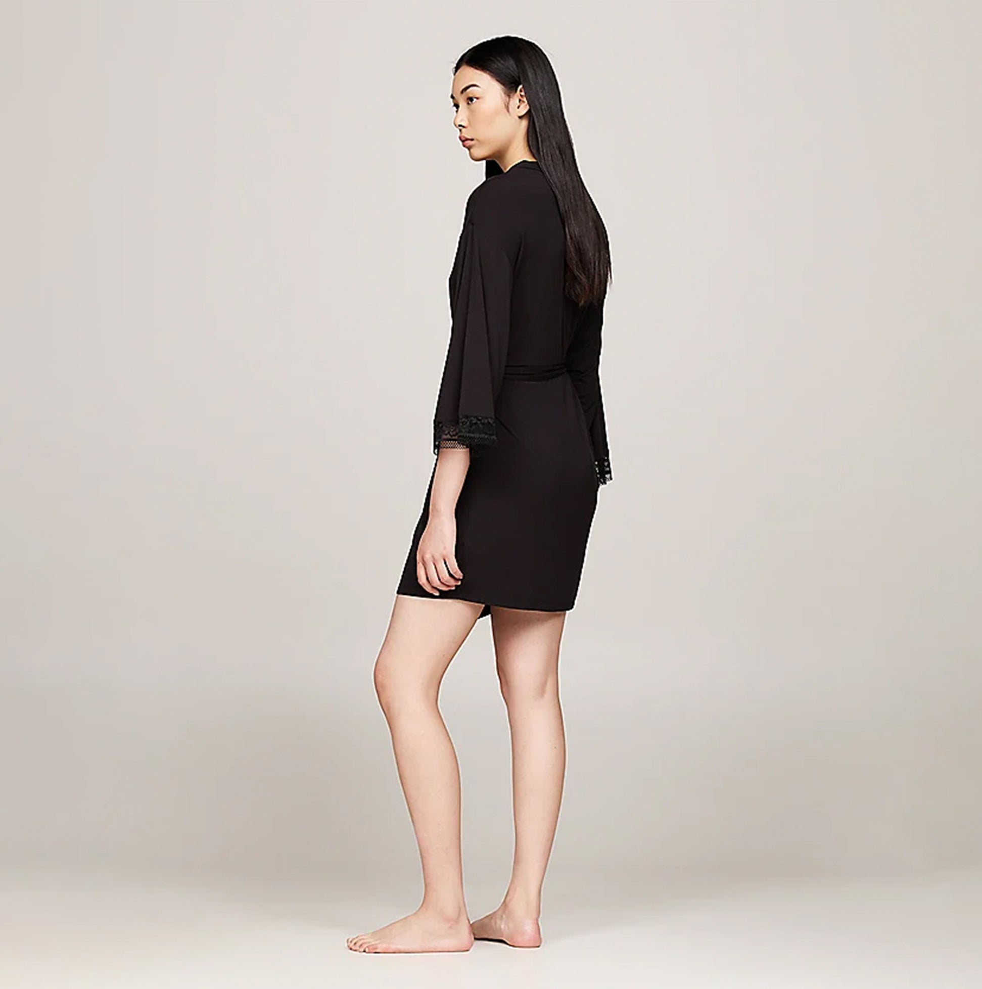 Tommy Hilfiger COMFORT Womens Modal Lace-Trim Kimono Robe Black side view showcasing the relaxed fit and lace trim details.