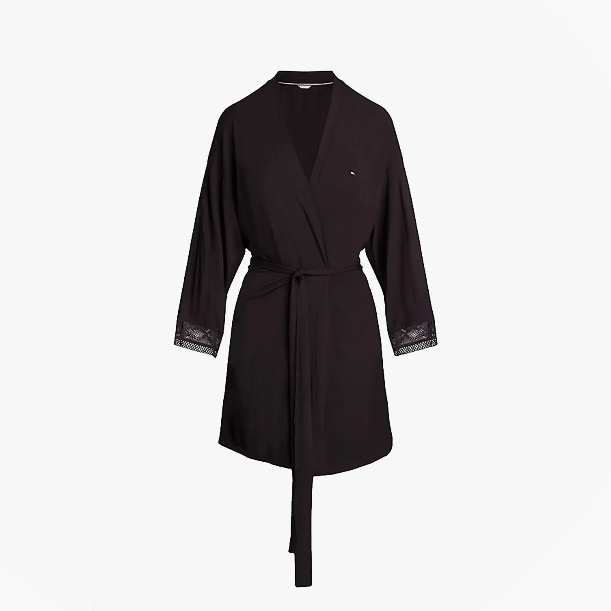 Tommy Hilfiger COMFORT Womens Modal Lace-Trim Kimono Robe Black front view with long sleeves and lace trim details.