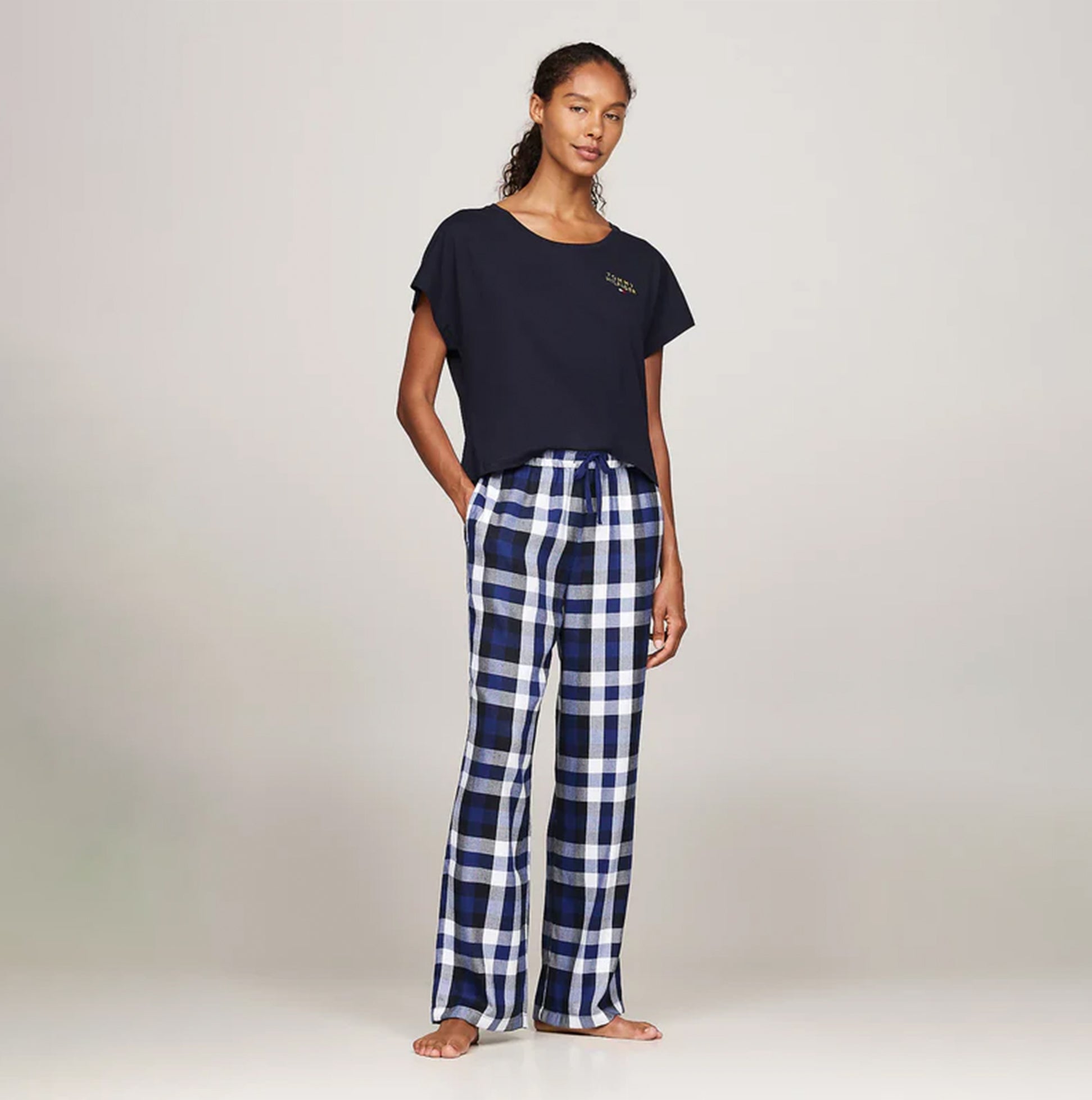 Tommy Hilfiger ORIGINAL Womens Flannel Pants Heritage Check Midi Blue Ink front view model wearing cozy trousers.
