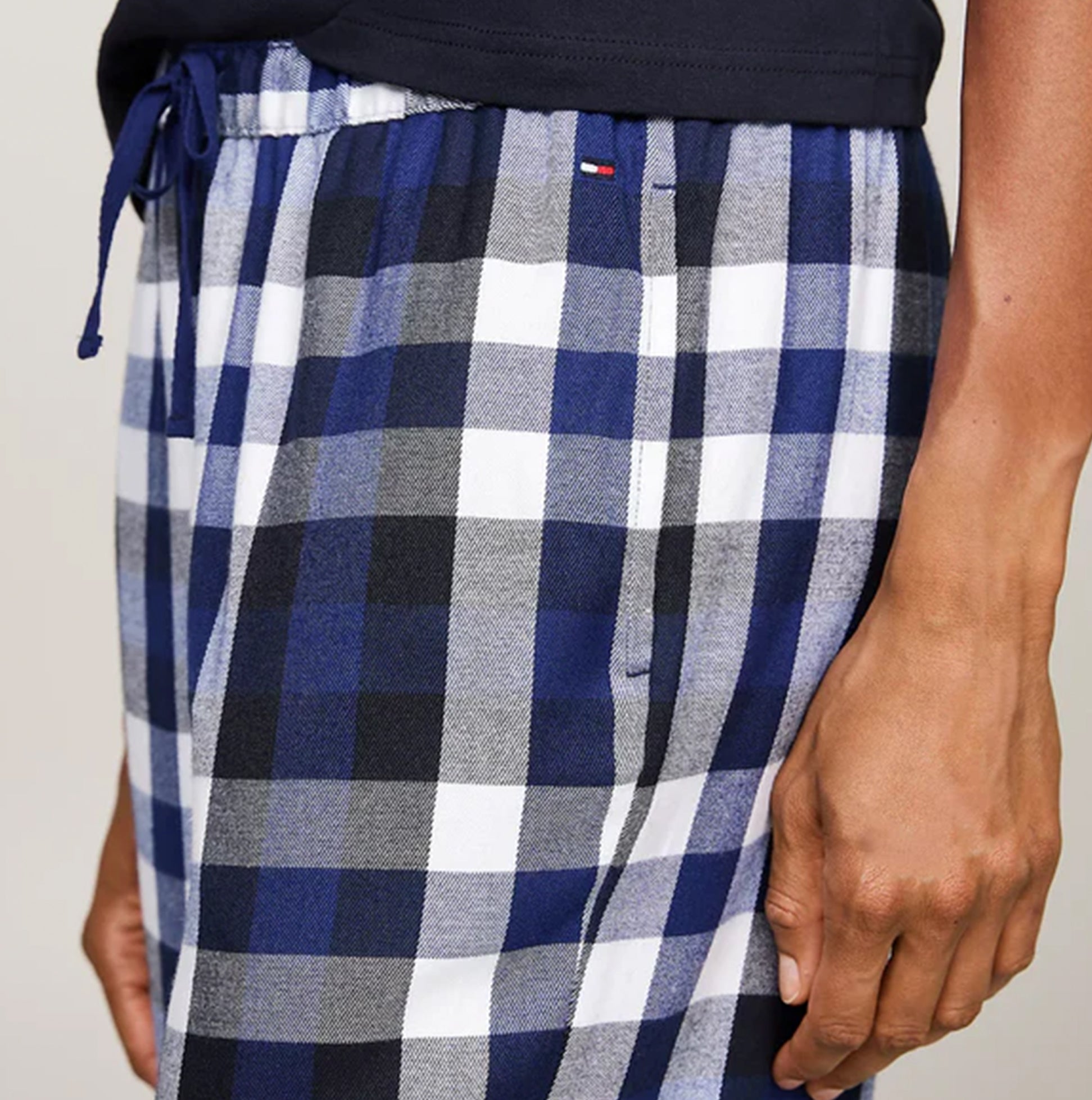 Tommy Hilfiger ORIGINAL Womens Flannel Pants Heritage Check Midi Blue Ink side view showing the check pattern and waistband.