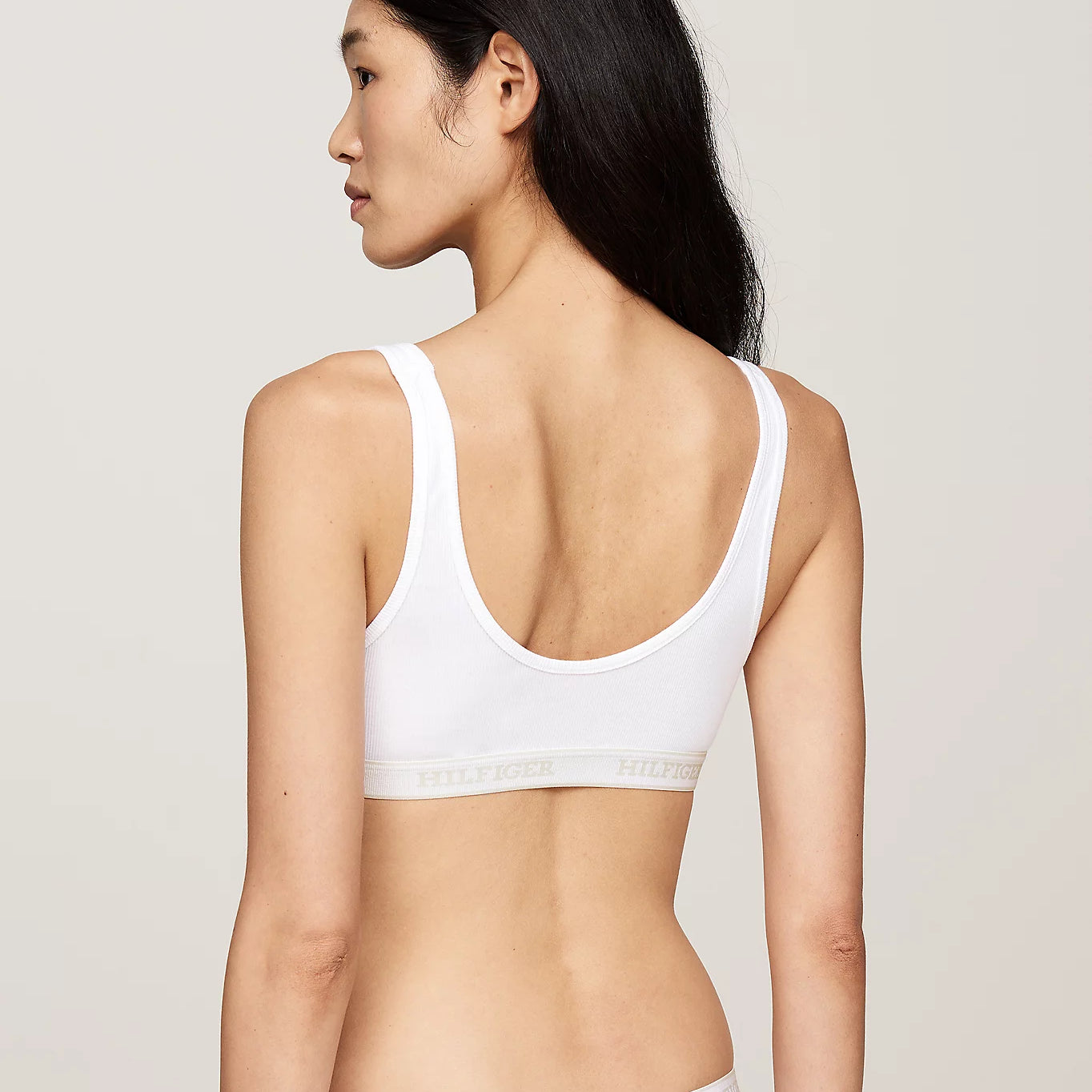 Tommy Hilfiger MONOTYPE Womens Bralette Lifts White, back view featuring the ribbed texture and elasticated underband.