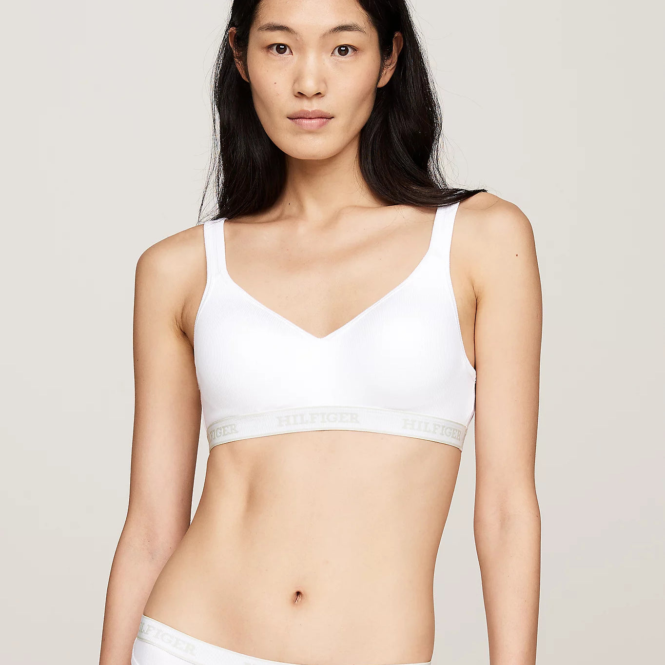 Tommy Hilfiger MONOTYPE Womens Bralette Lifts White front view showing sweetheart neck and ribbed texture.