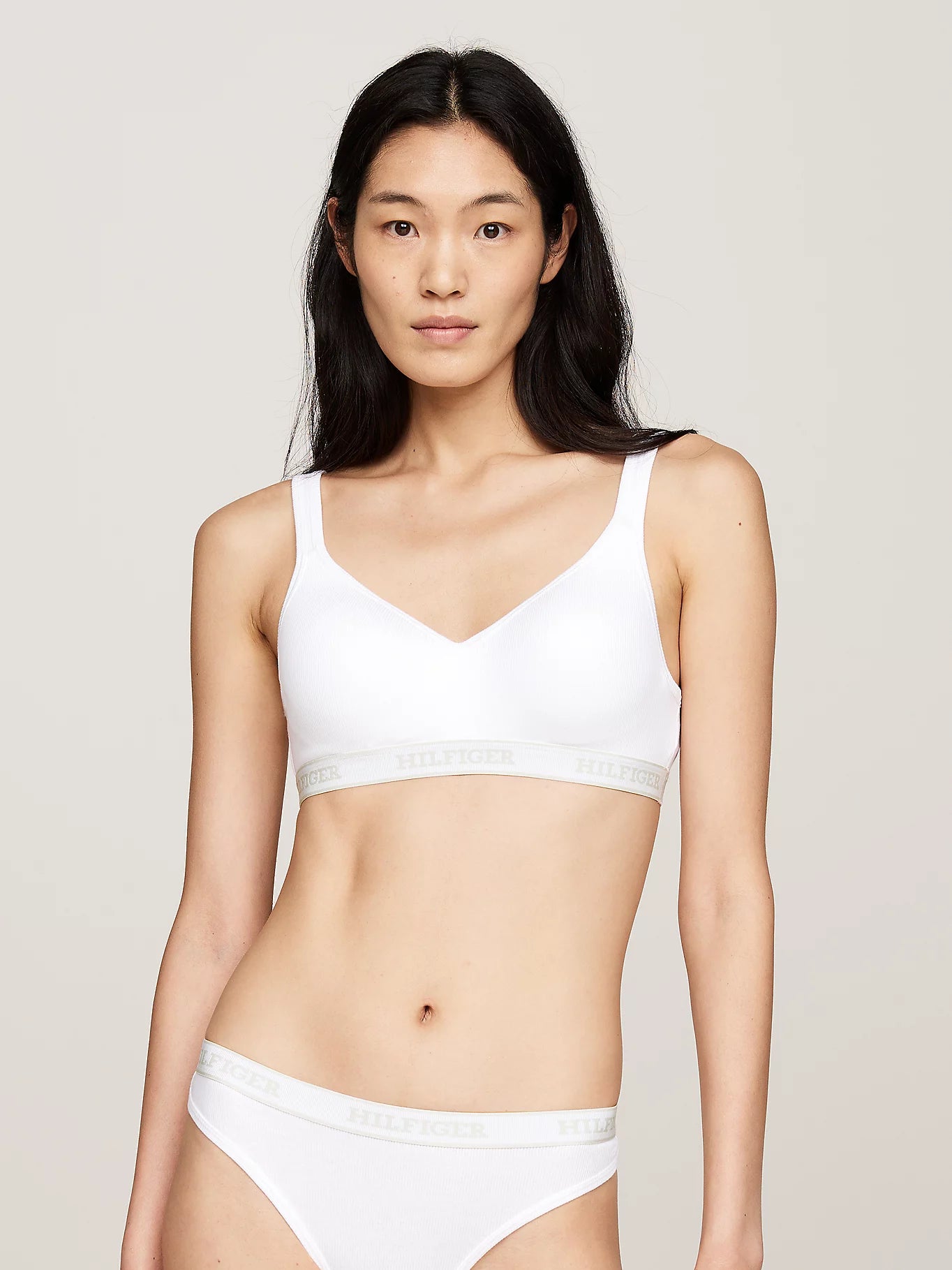 Tommy Hilfiger MONOTYPE Womens Bralette Lifts White front view showing sweetheart neck and ribbed texture.