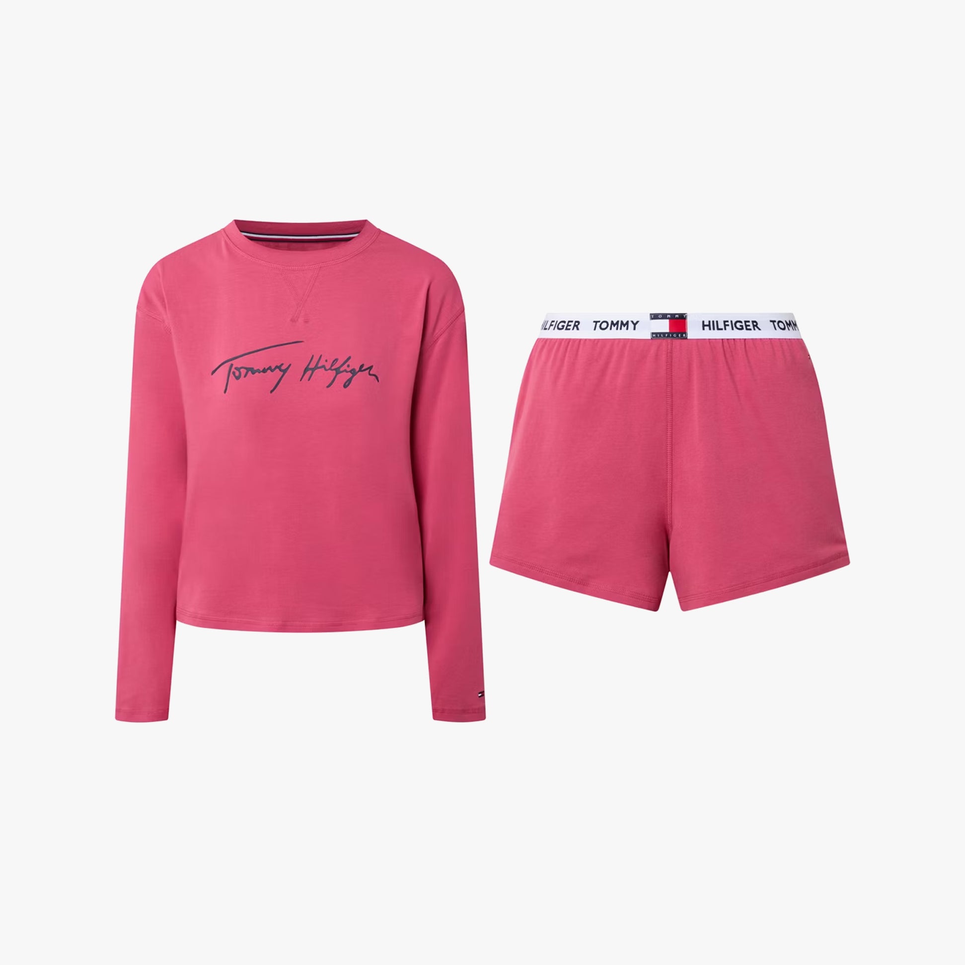 Tommy Hilfiger HERITAGE Womens Pyjama Set Heritage Pink front view showcasing long sleeve top and shorts.