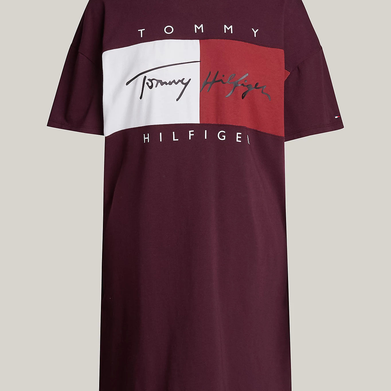 Tommy Hilfiger HERITAGE HOLIDAY Womens T-Shirt Dress Deep Burgundy front view showcasing relaxed fit and logo design.
