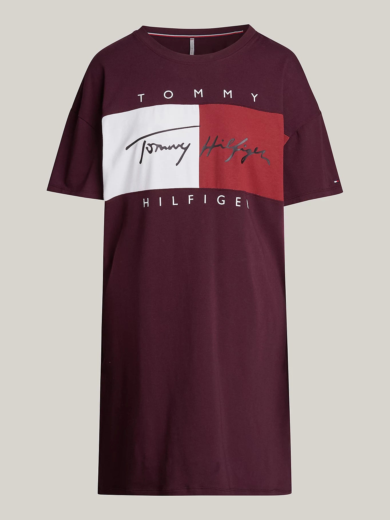Tommy Hilfiger HERITAGE HOLIDAY Womens T-Shirt Dress Deep Burgundy front view showcasing relaxed fit and logo design.