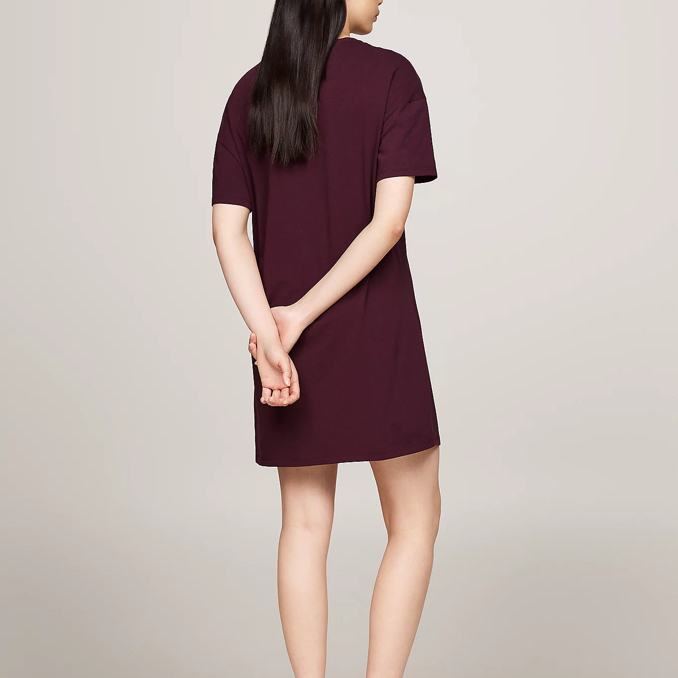 Tommy Hilfiger HERITAGE HOLIDAY Womens T-Shirt Dress Deep Burgundy back view on model with relaxed fit.