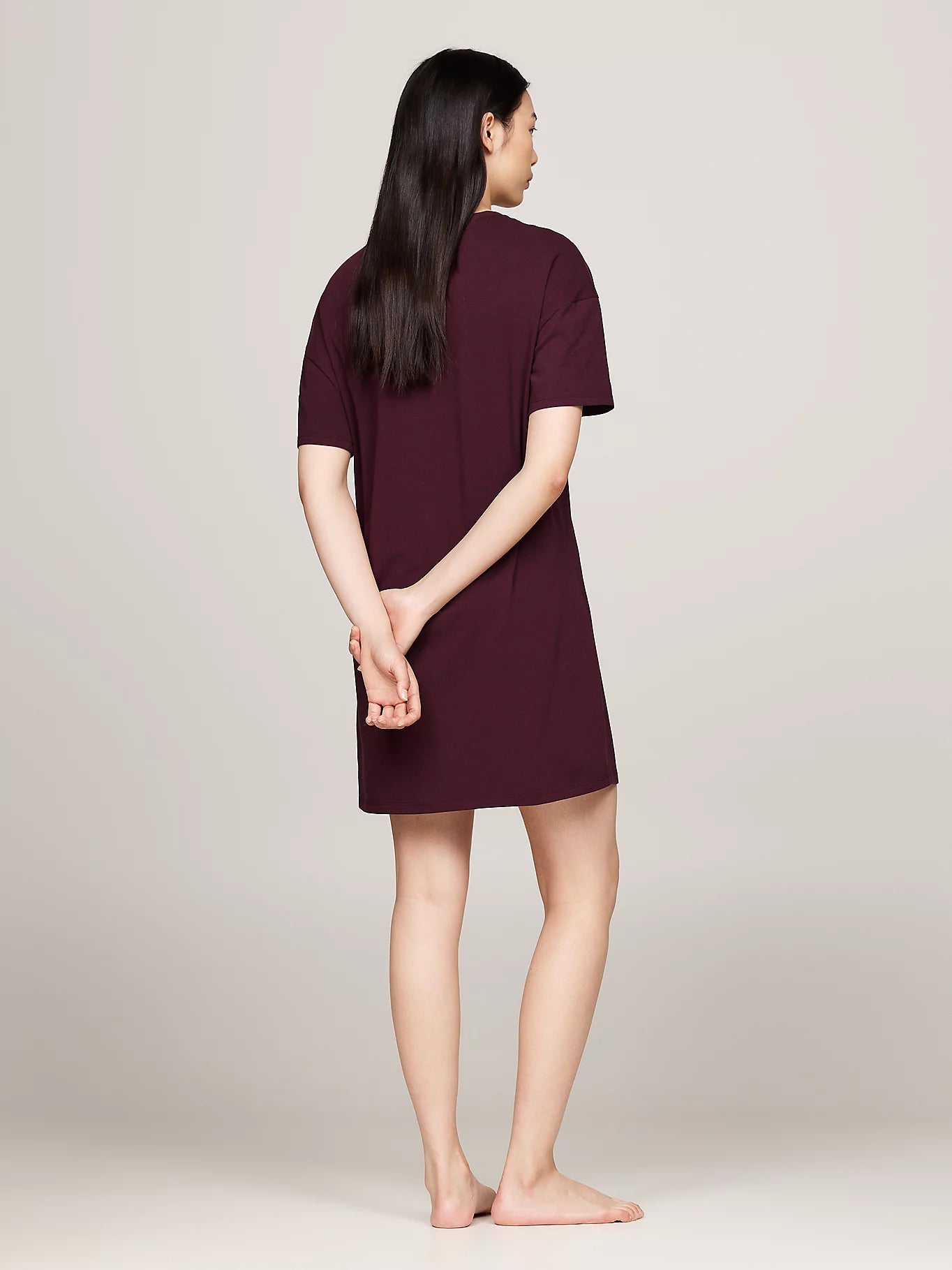 Tommy Hilfiger HERITAGE HOLIDAY Womens T-Shirt Dress Deep Burgundy back view on model with relaxed fit.