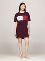Tommy Hilfiger HERITAGE HOLIDAY Womens T-Shirt Dress Deep Burgundy front view worn by a model, showcasing relaxed fit and logo design.