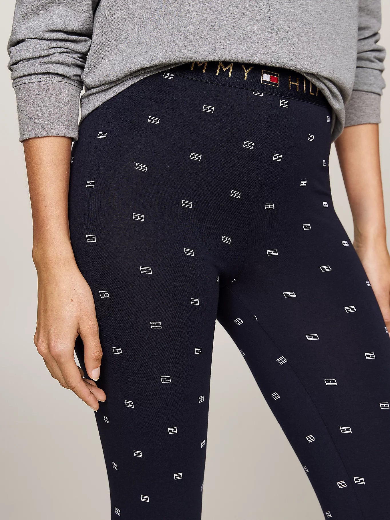 Tommy Hilfiger ORIGINAL Womens Legging Pyjama & Eye Mask Gift Set front view detail of leggings with logo