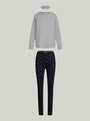 Tommy Hilfiger ORIGINAL Womens Legging Pyjama & Eye Mask Gift Set flat lay view featuring grey top and black leggings.