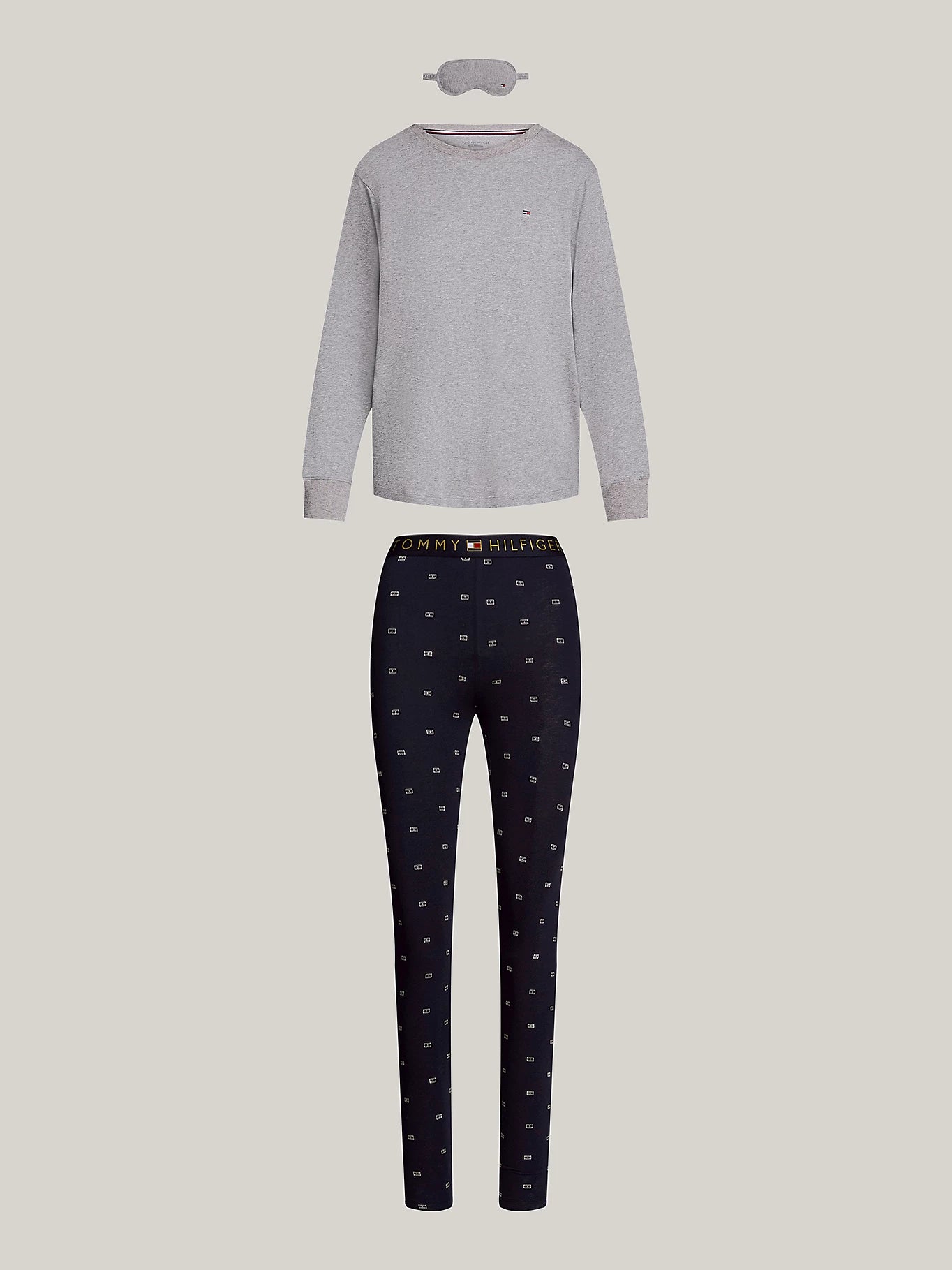 Tommy Hilfiger ORIGINAL Womens Legging Pyjama & Eye Mask Gift Set flat lay view featuring grey top and black leggings.