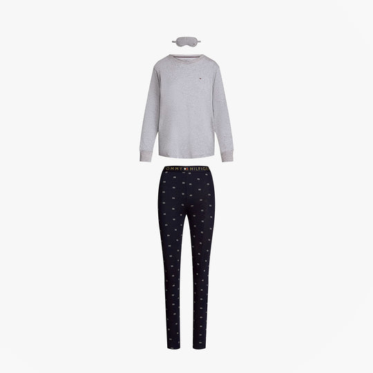 Tommy Hilfiger ORIGINAL Womens Legging Pyjama & Eye Mask Gift Set front view with grey top and patterned leggings.