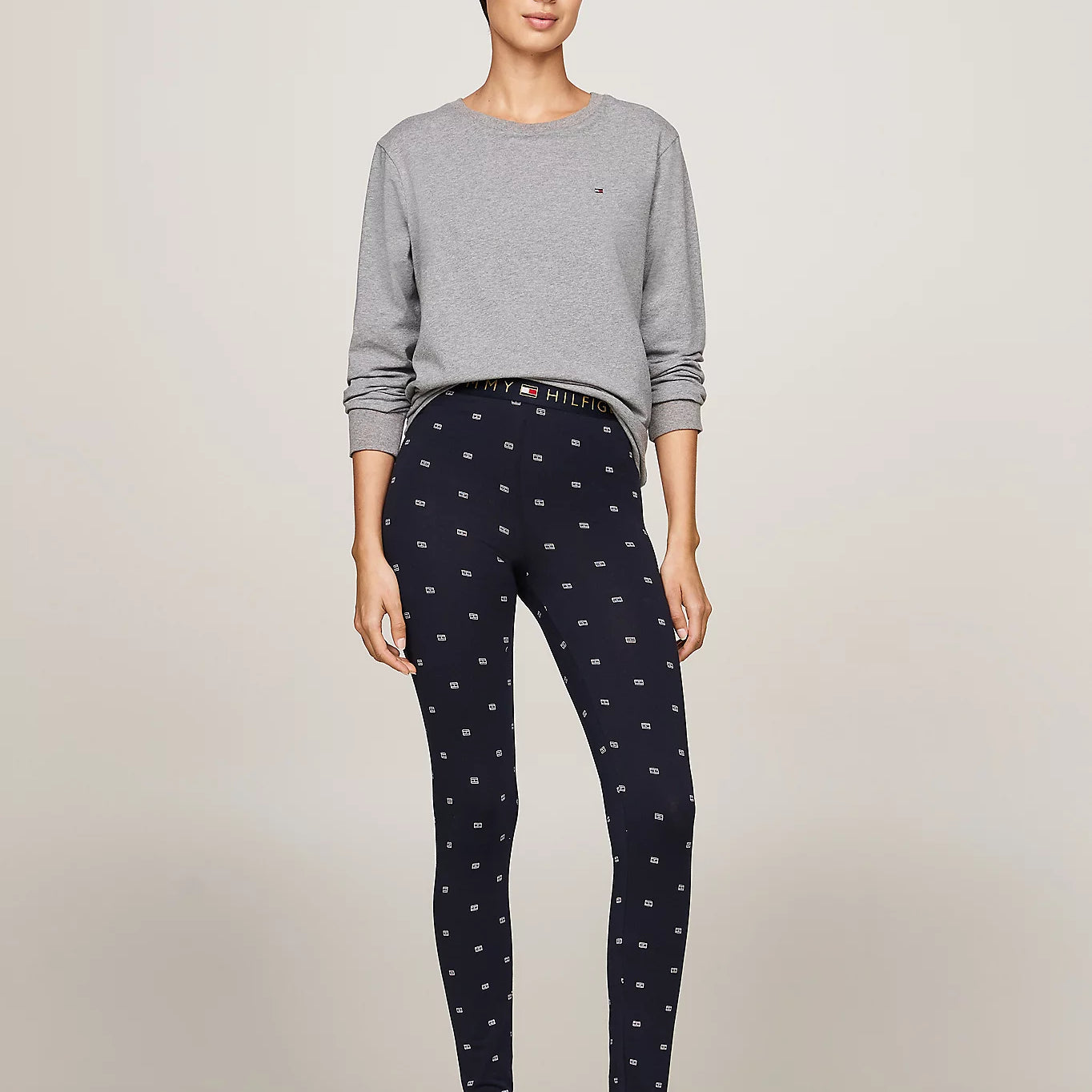 Tommy Hilfiger ORIGINAL Womens Legging Pyjama & Eye Mask Gift Set front view model wearing leggings and sweater