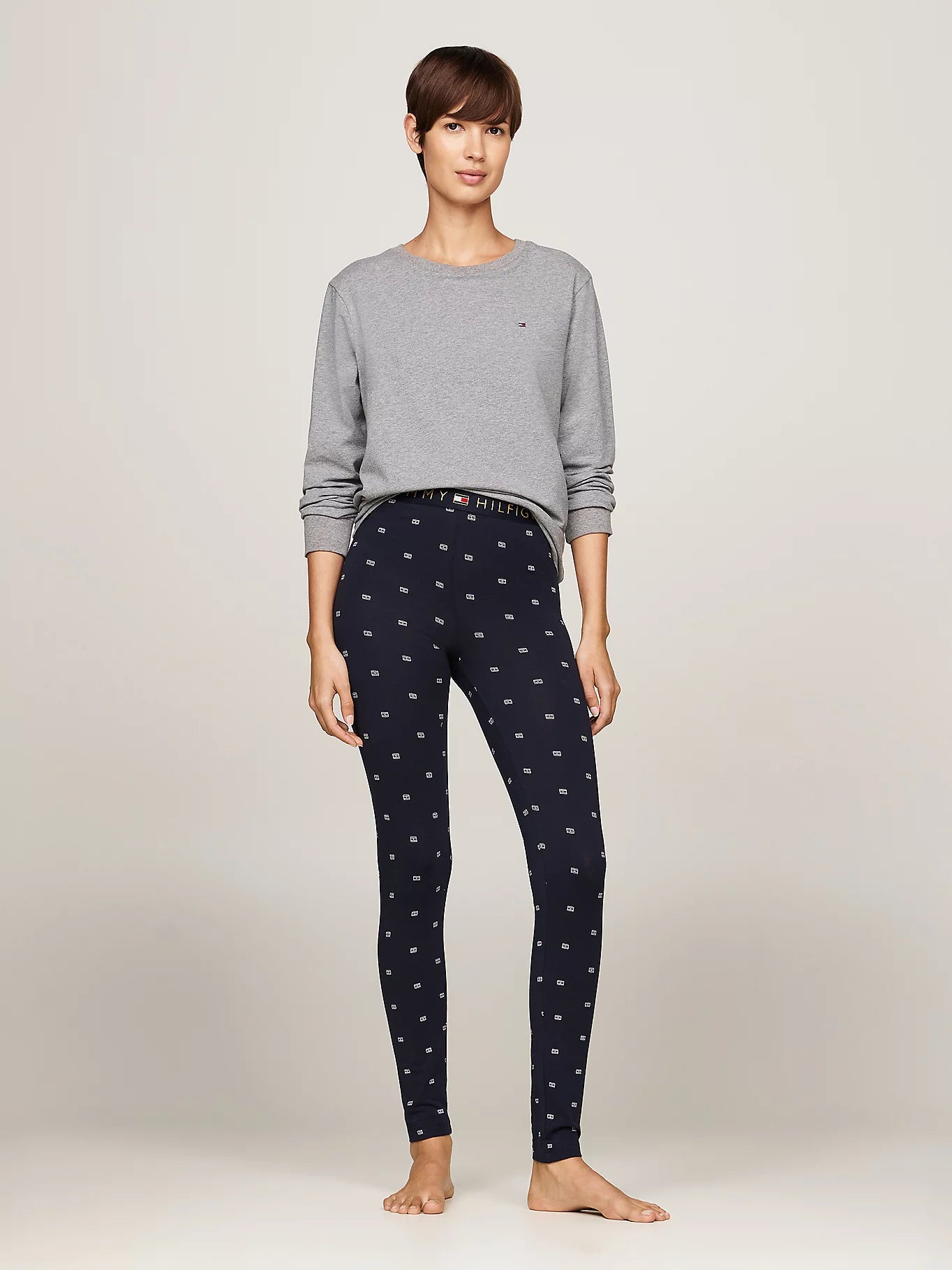 Tommy Hilfiger ORIGINAL Womens Legging Pyjama & Eye Mask Gift Set front view model wearing leggings and sweater