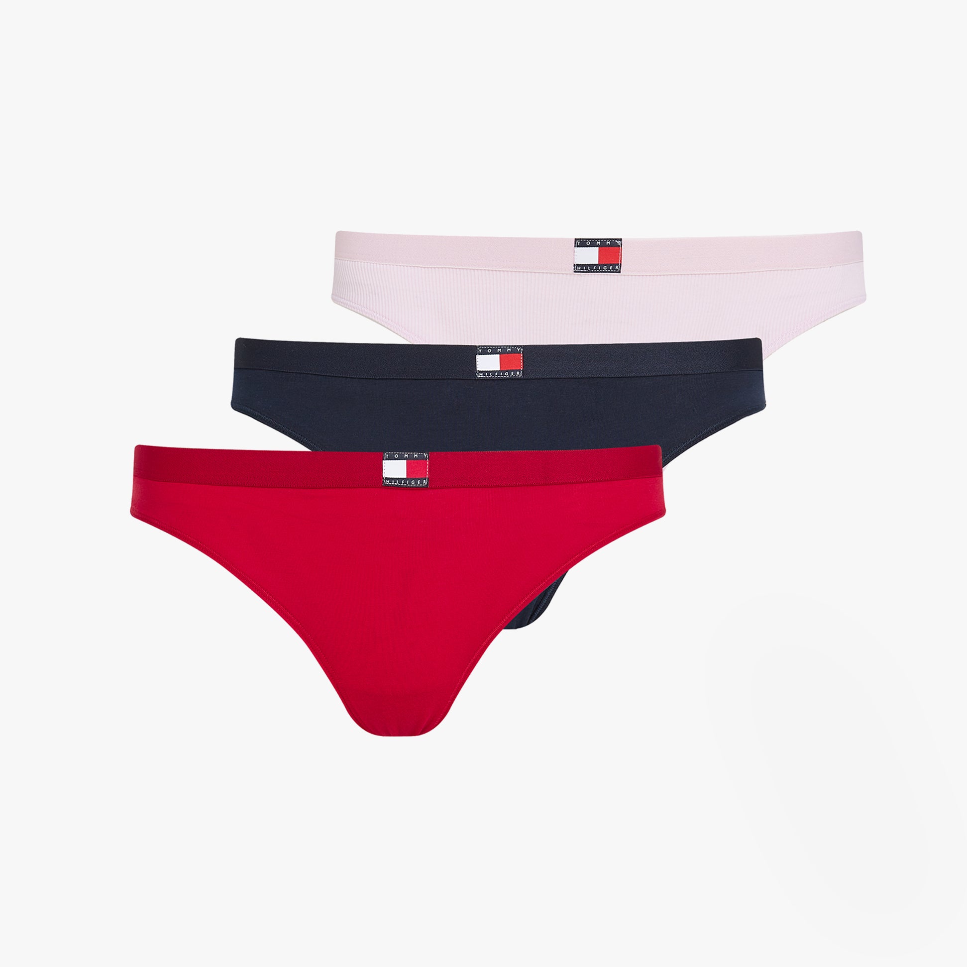 Tommy Hilfiger FLAG LOGO 3 Pack Womens Thongs Primary Red/Light Pink Rib/Navy front view displaying three thongs.
