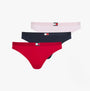 Tommy Hilfiger FLAG LOGO 3 Pack Womens Thongs Primary Red/Light Pink Rib/Navy front view displaying three thongs.