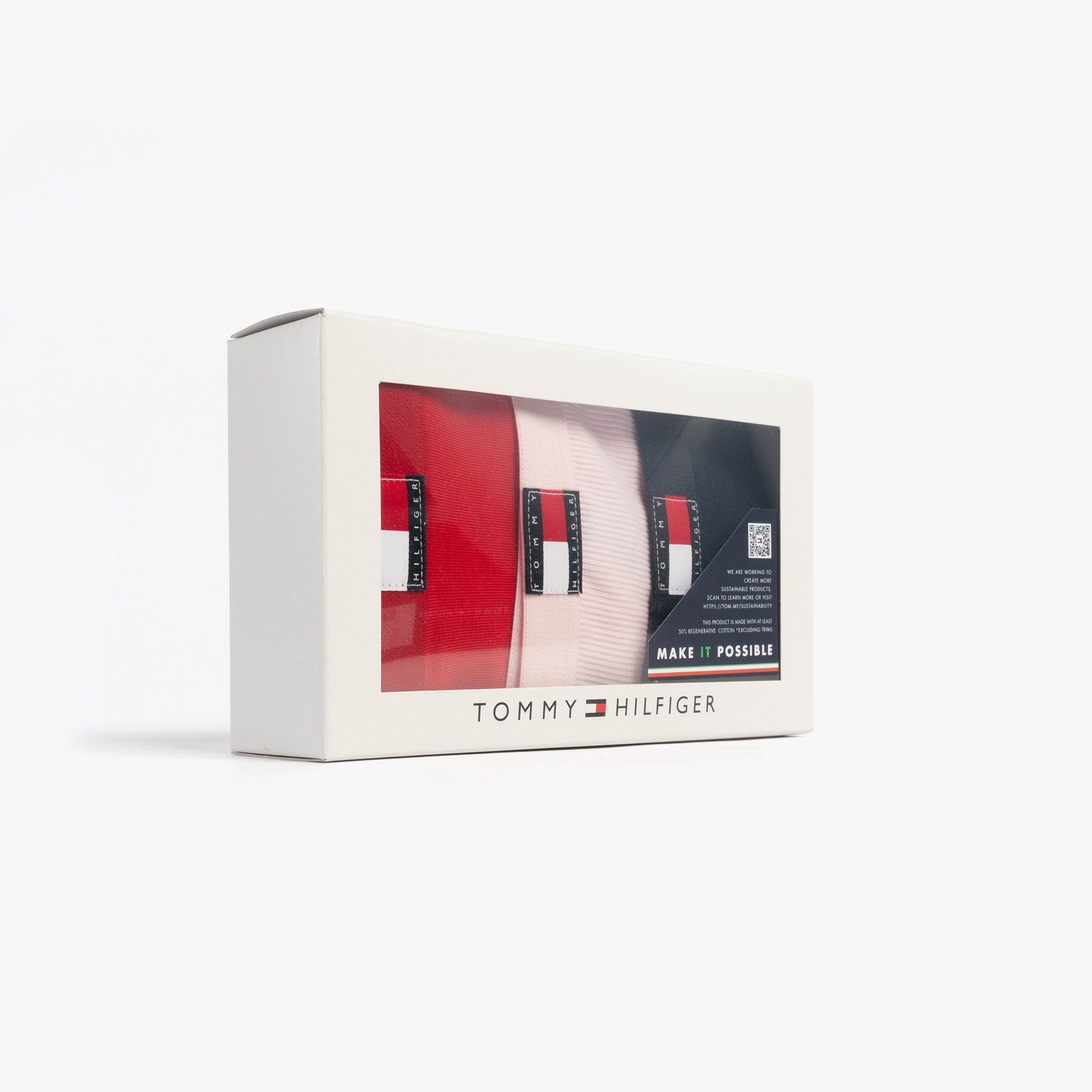 Tommy Hilfiger FLAG LOGO 3 Pack Womens Thongs Primary Red/Light Pink Rib/Navy in gift box side view.
