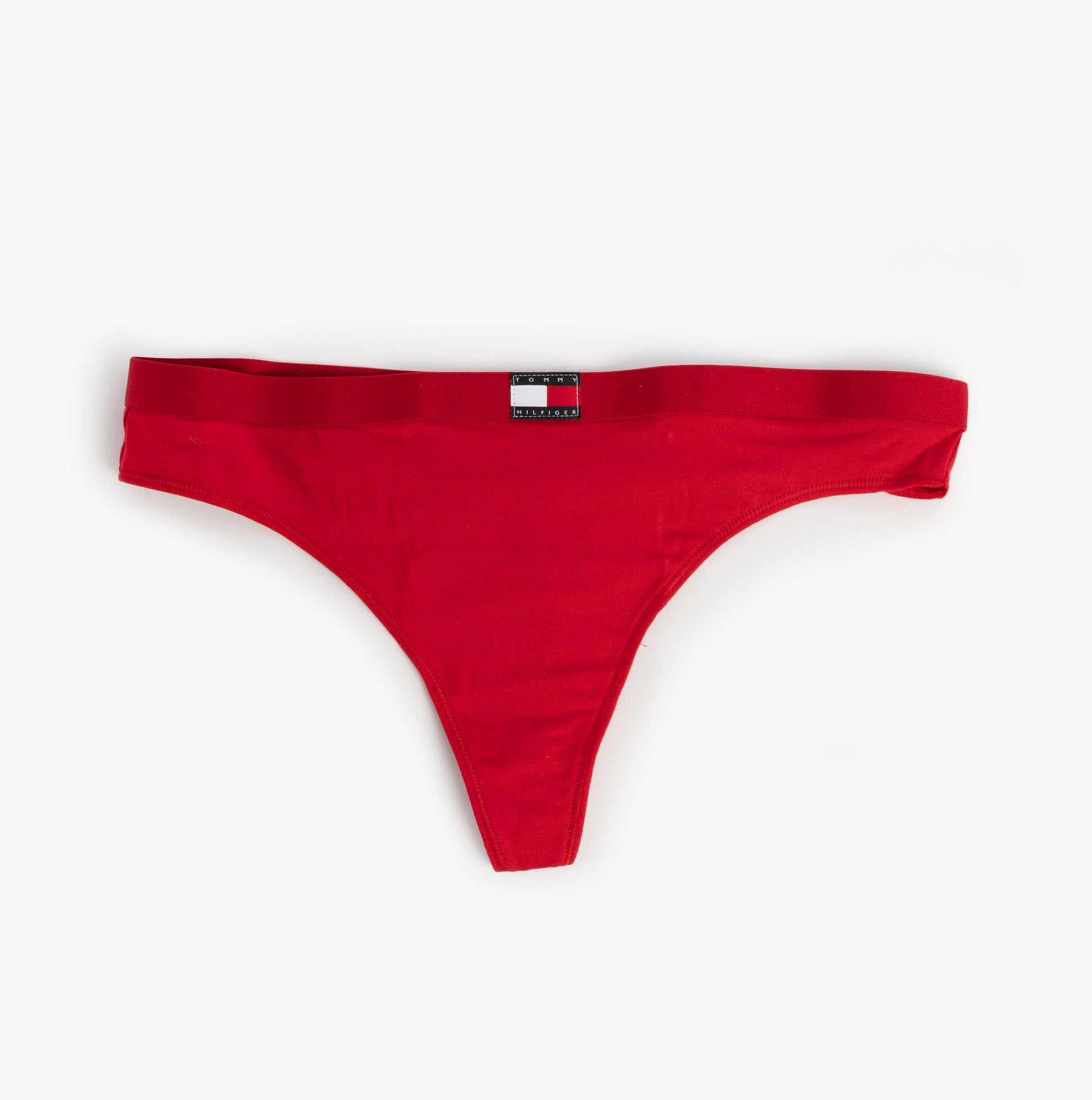 Tommy Hilfiger FLAG LOGO 3 Pack Womens Thongs Primary Red/Light Pink Rib/Navy front view red thong with TH logo waistband