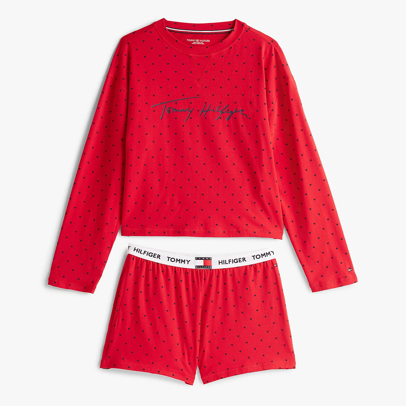 Tommy Hilfiger HERITAGE Womens Pyjama Set Hearts Primary Red Aop front view showcasing red long-sleeve top and shorts.