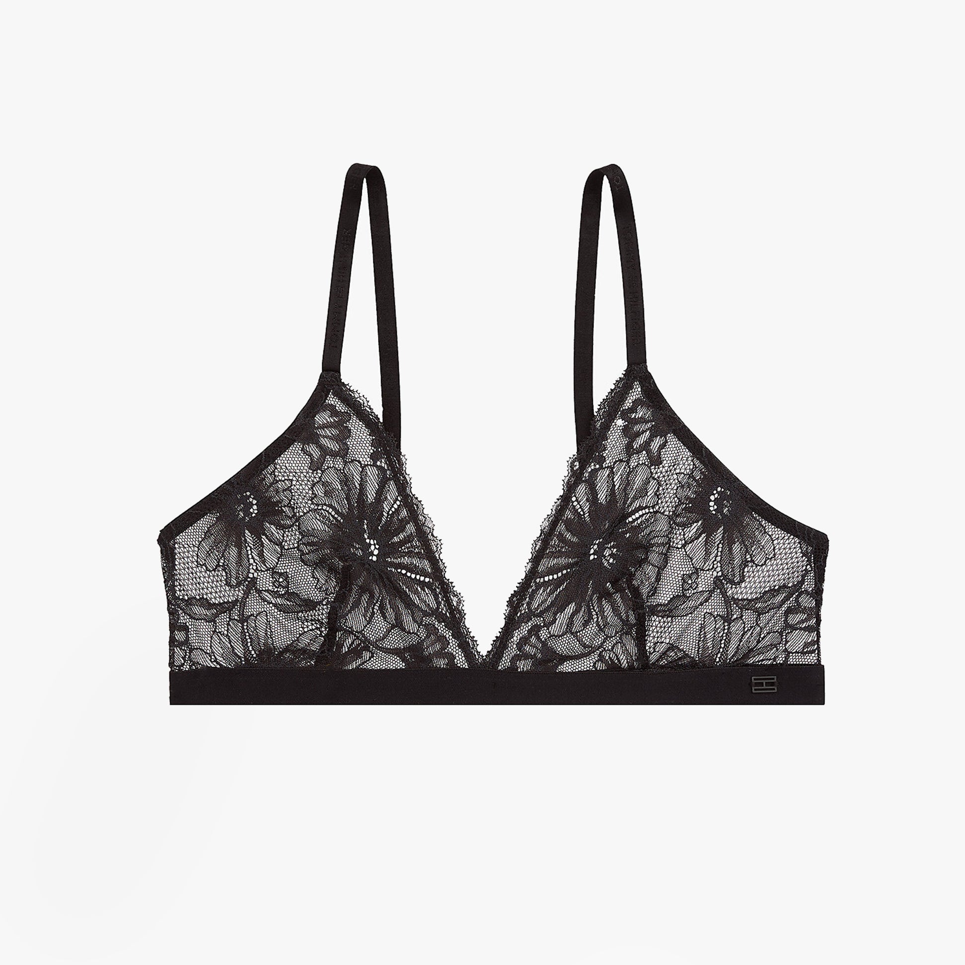 Tommy Hilfiger FLORAL LACE Womens Triangle Bra Black front view with adjustable straps and floral lace design.