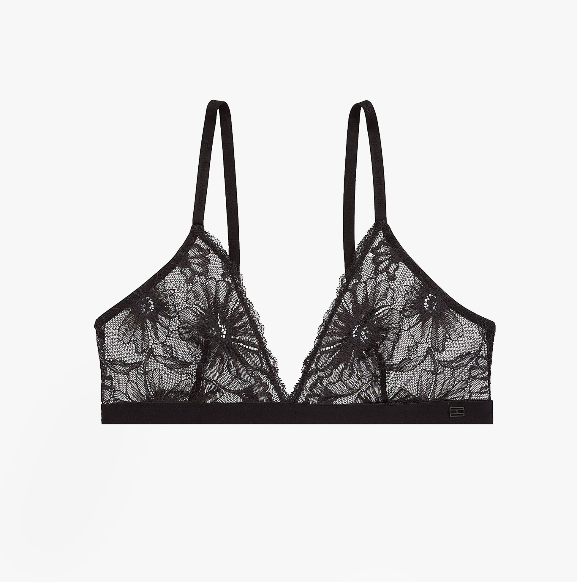 Tommy Hilfiger FLORAL LACE Womens Triangle Bra Black front view with adjustable straps and floral lace design.
