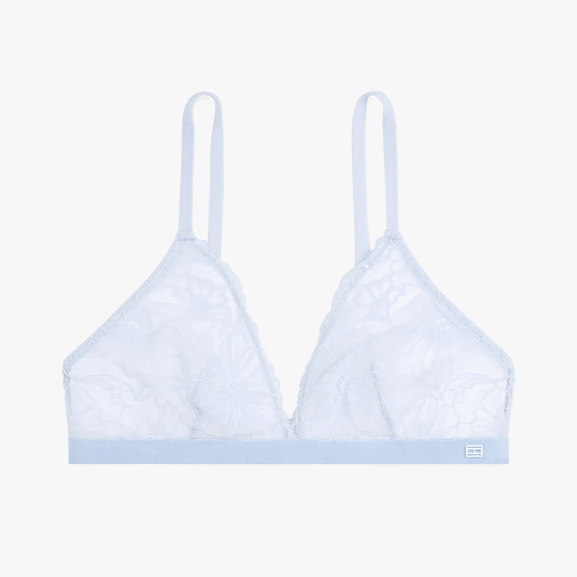 Tommy Hilfiger FLORAL LACE Womens Triangle Bra Sweet Blue front view with delicate lace detailing and adjustable straps.