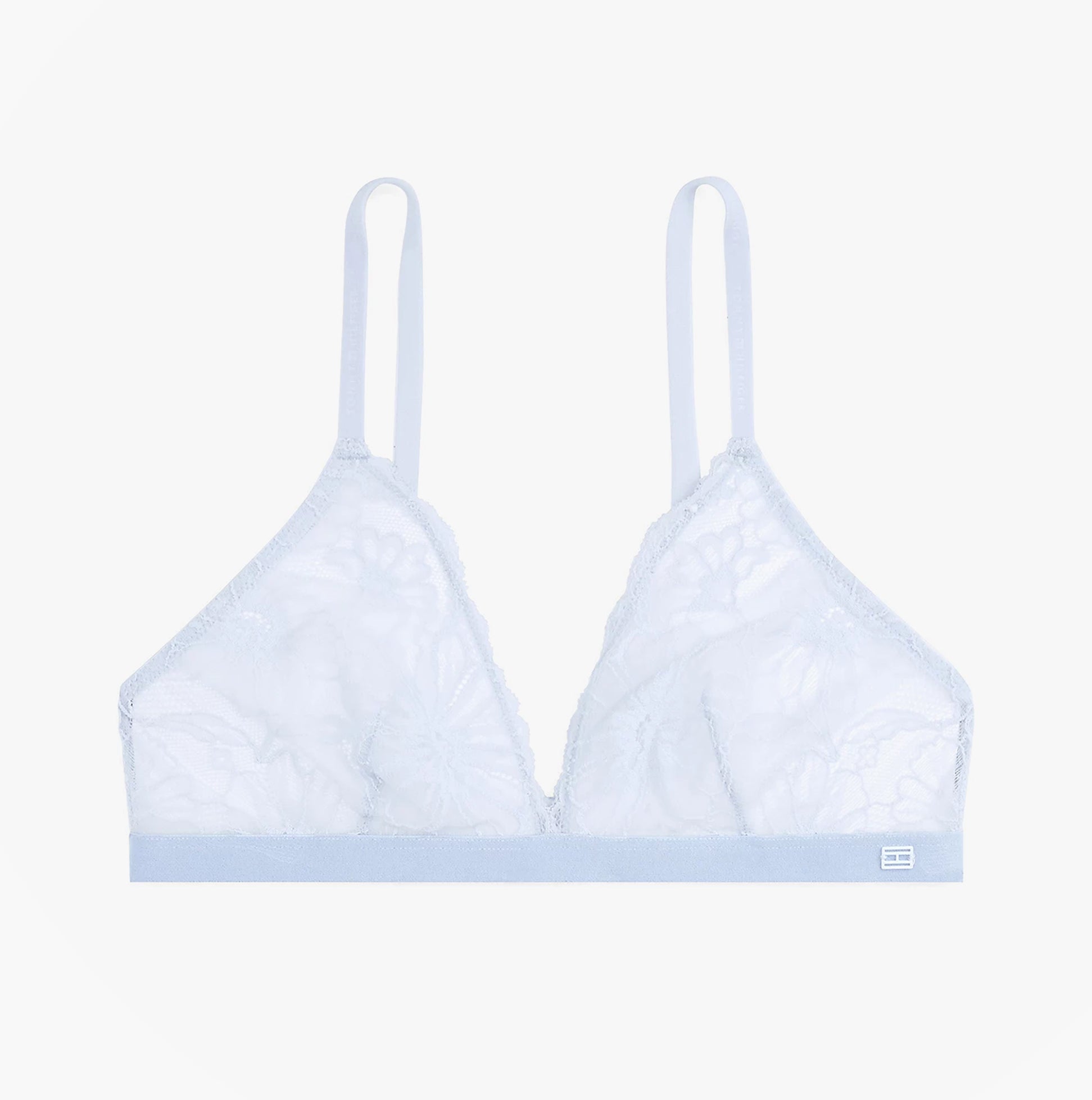 Tommy Hilfiger FLORAL LACE Womens Triangle Bra Sweet Blue front view with delicate lace detailing and adjustable straps.
