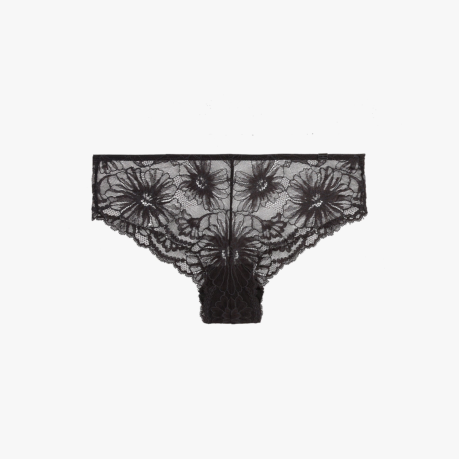 Tommy Hilfiger FLORAL LACE Womens Brazilian Briefs Black front view showcasing intricate floral lace design.