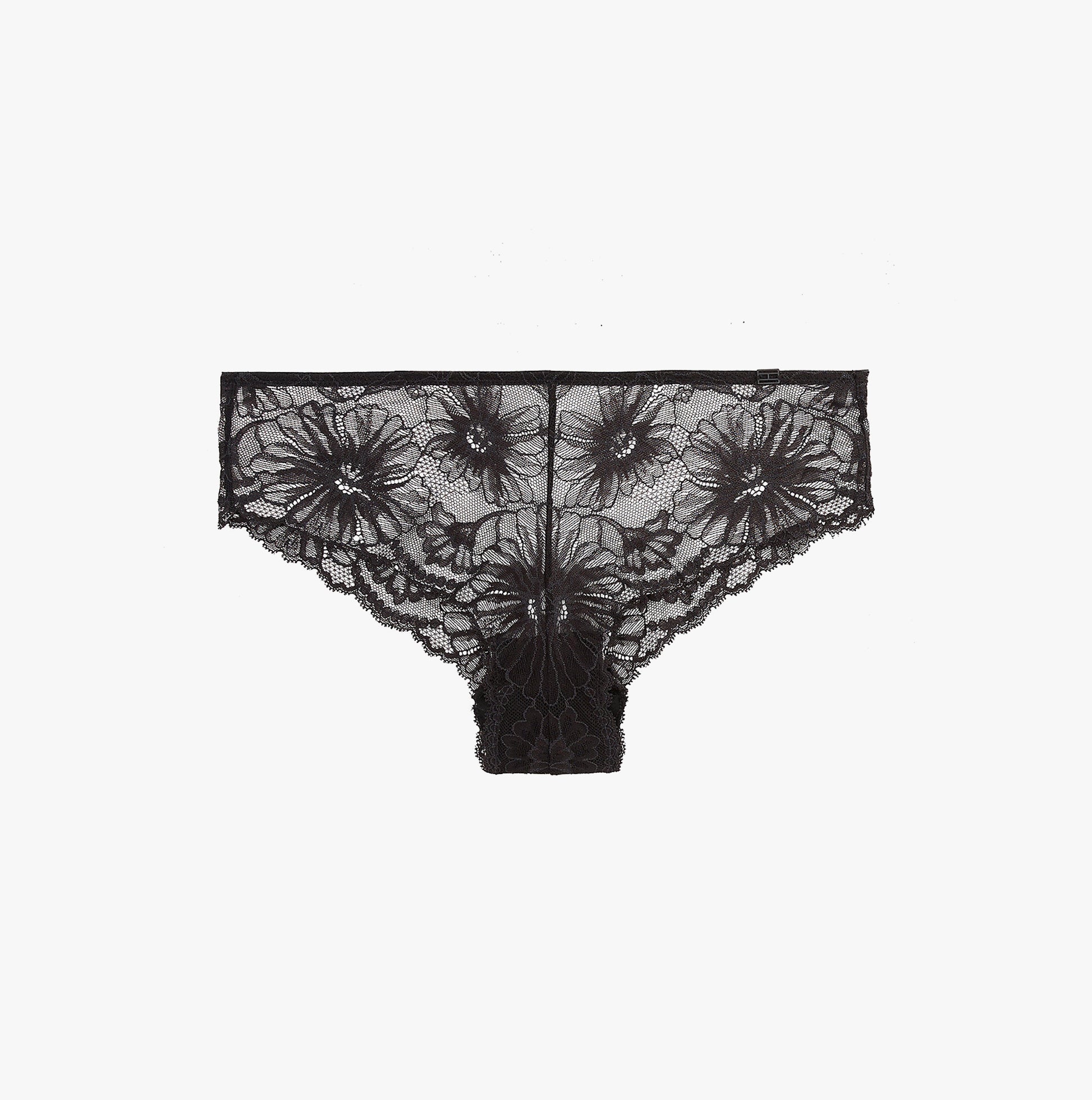 Tommy Hilfiger FLORAL LACE Womens Brazilian Briefs Black front view showcasing intricate floral lace design.