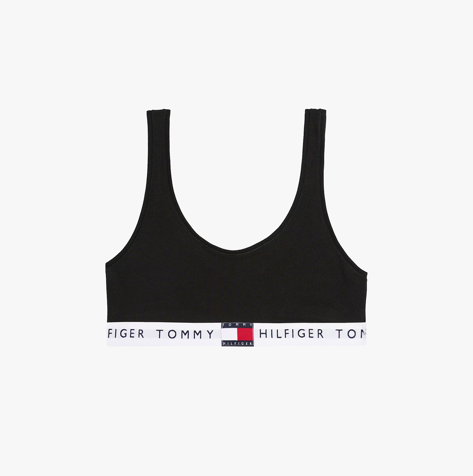 Tommy Hilfiger HERITAGE LOGO Womens Underband Non-Wired Bralette Black front view showing soft fabric and logo underband.