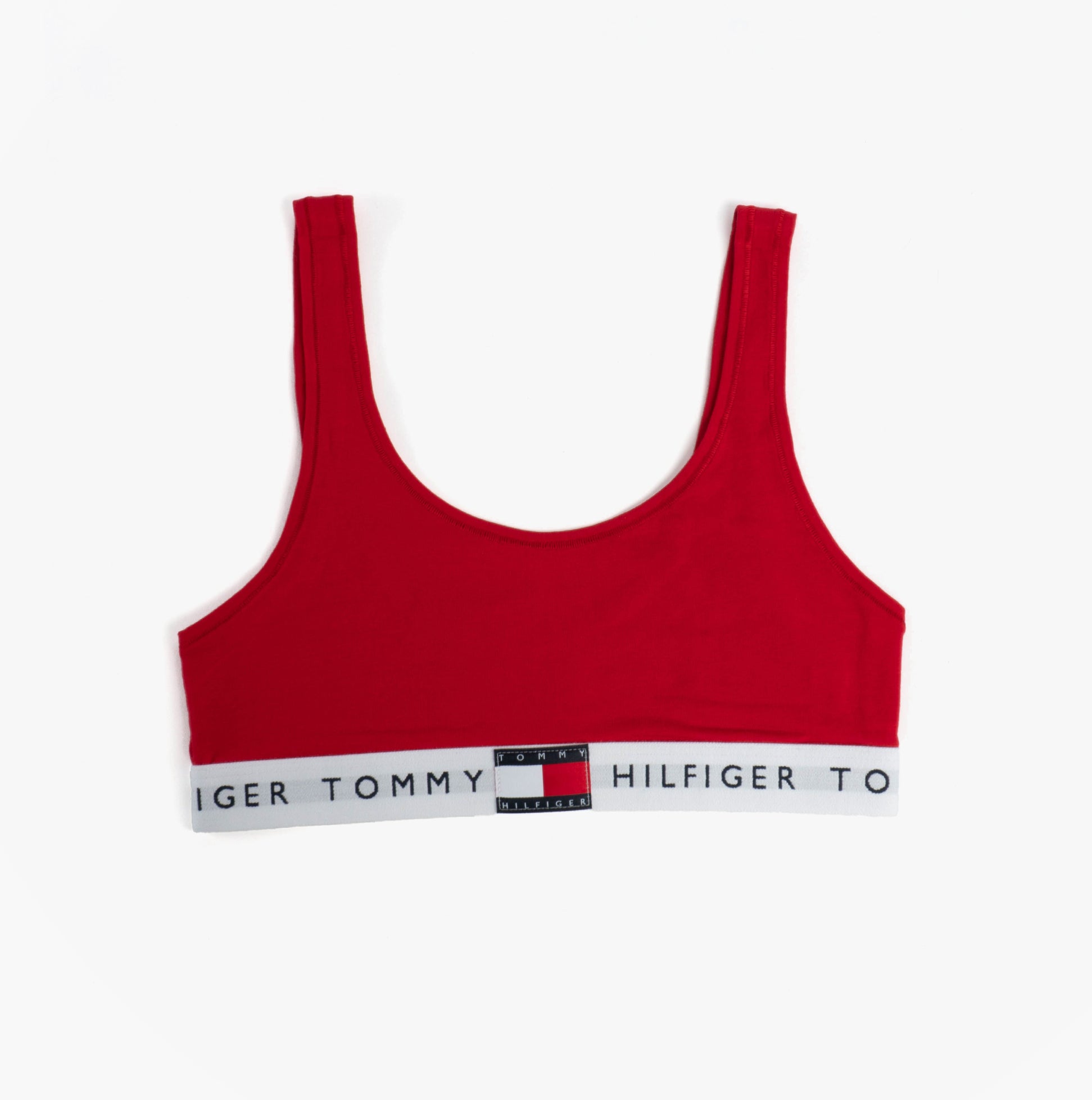 Tommy Hilfiger UNLINED BRALETTE Ladies Primary Red front view highlighting soft cotton blend and logo detail.