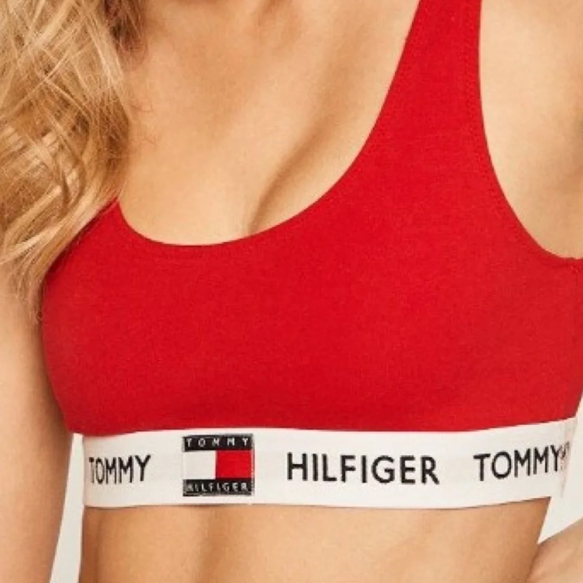 Tommy Hilfiger UNLINED BRALETTE Ladies Primary Red front view showcasing the soft cotton design and logo detail.
