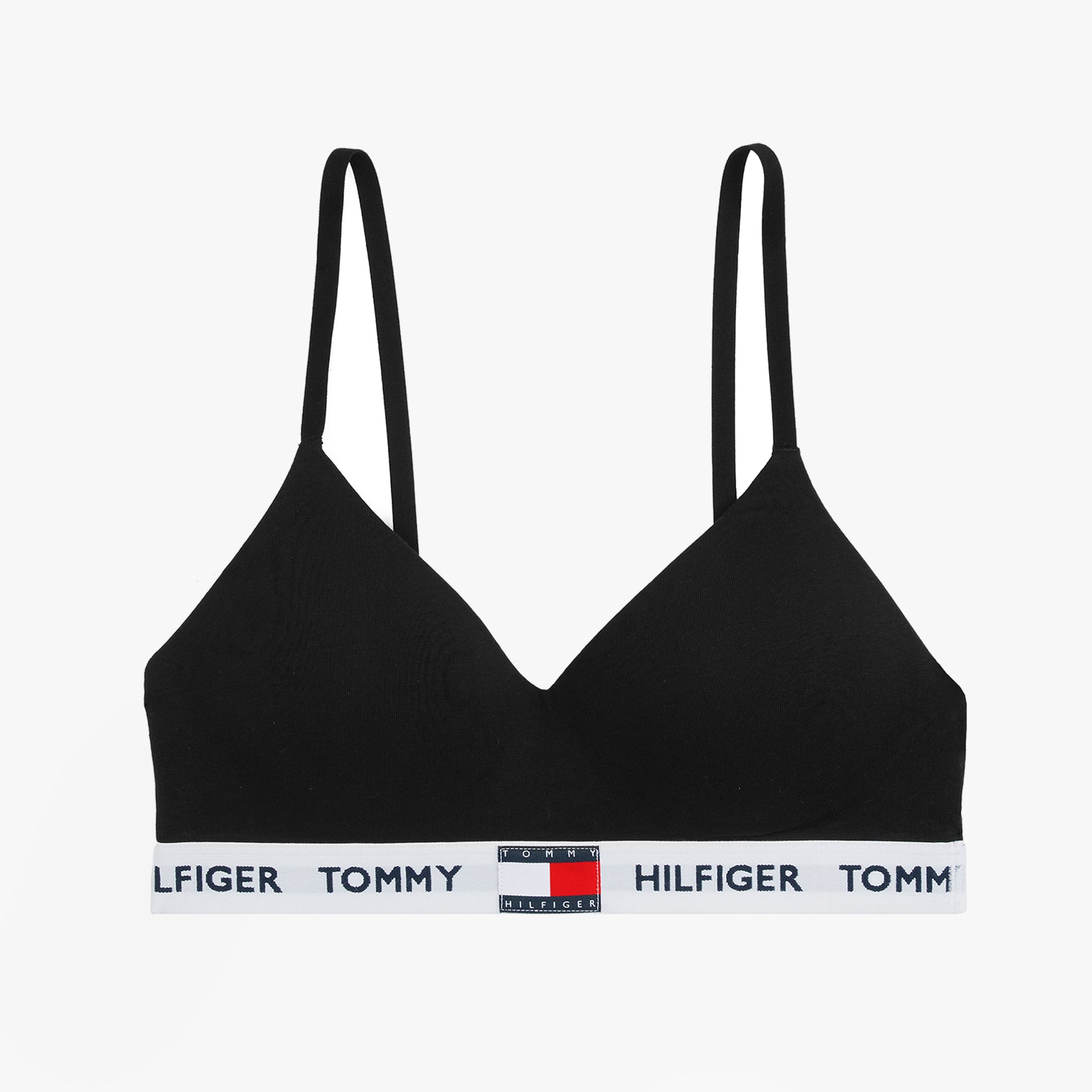 Tommy Hilfiger HERITAGE Womens Padded Push-Up Bralette Black front view showing slim adjustable straps and logo elasticated underband.