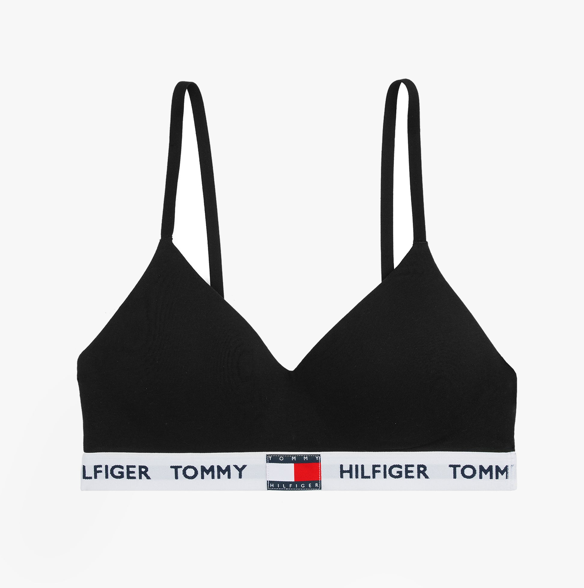 Tommy Hilfiger HERITAGE Womens Padded Push-Up Bralette Black front view showing slim adjustable straps and logo elasticated underband.