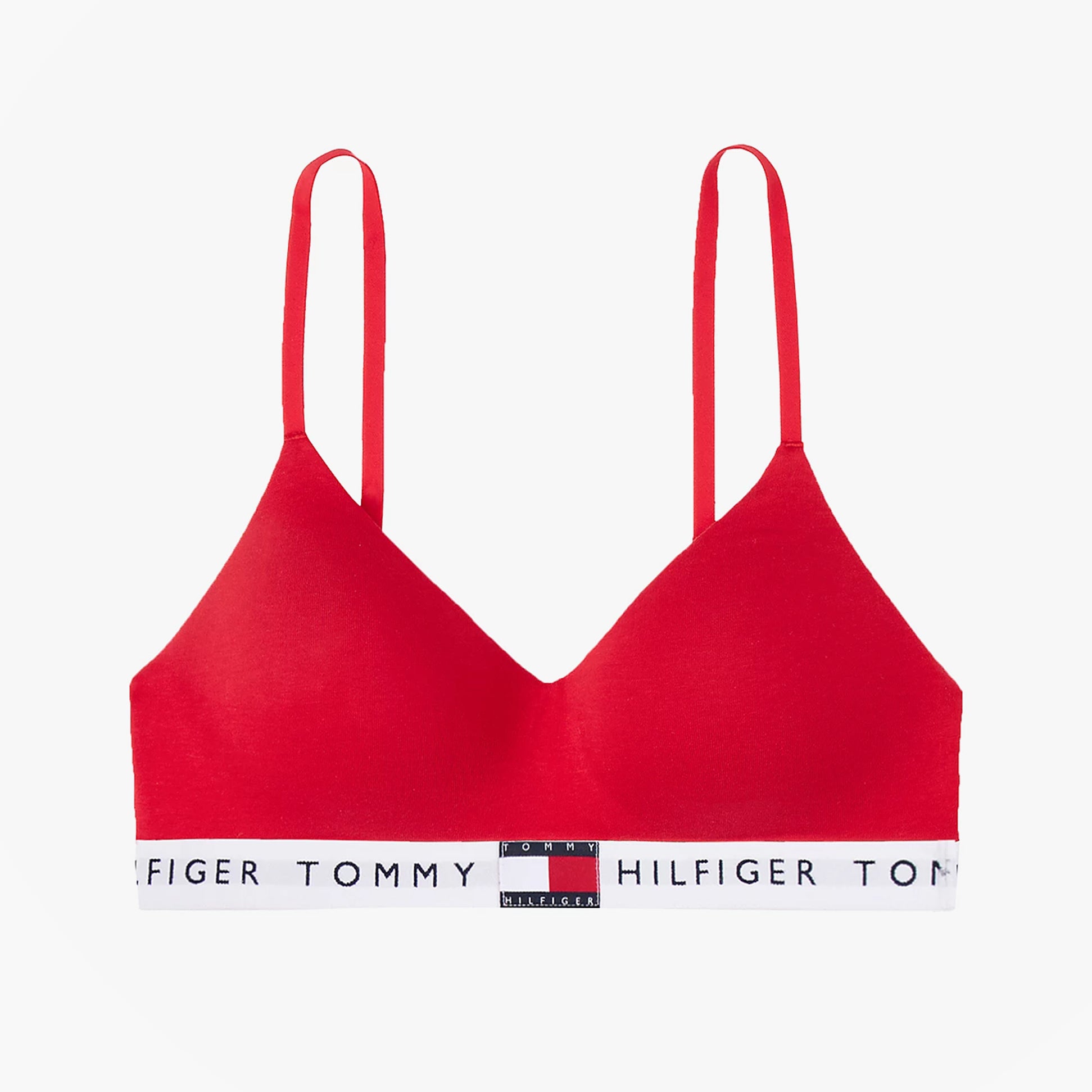 Tommy Hilfiger HERITAGE Womens Padded Push-Up Bralette Primary Red front view showcasing slim adjustable straps and logo underband.