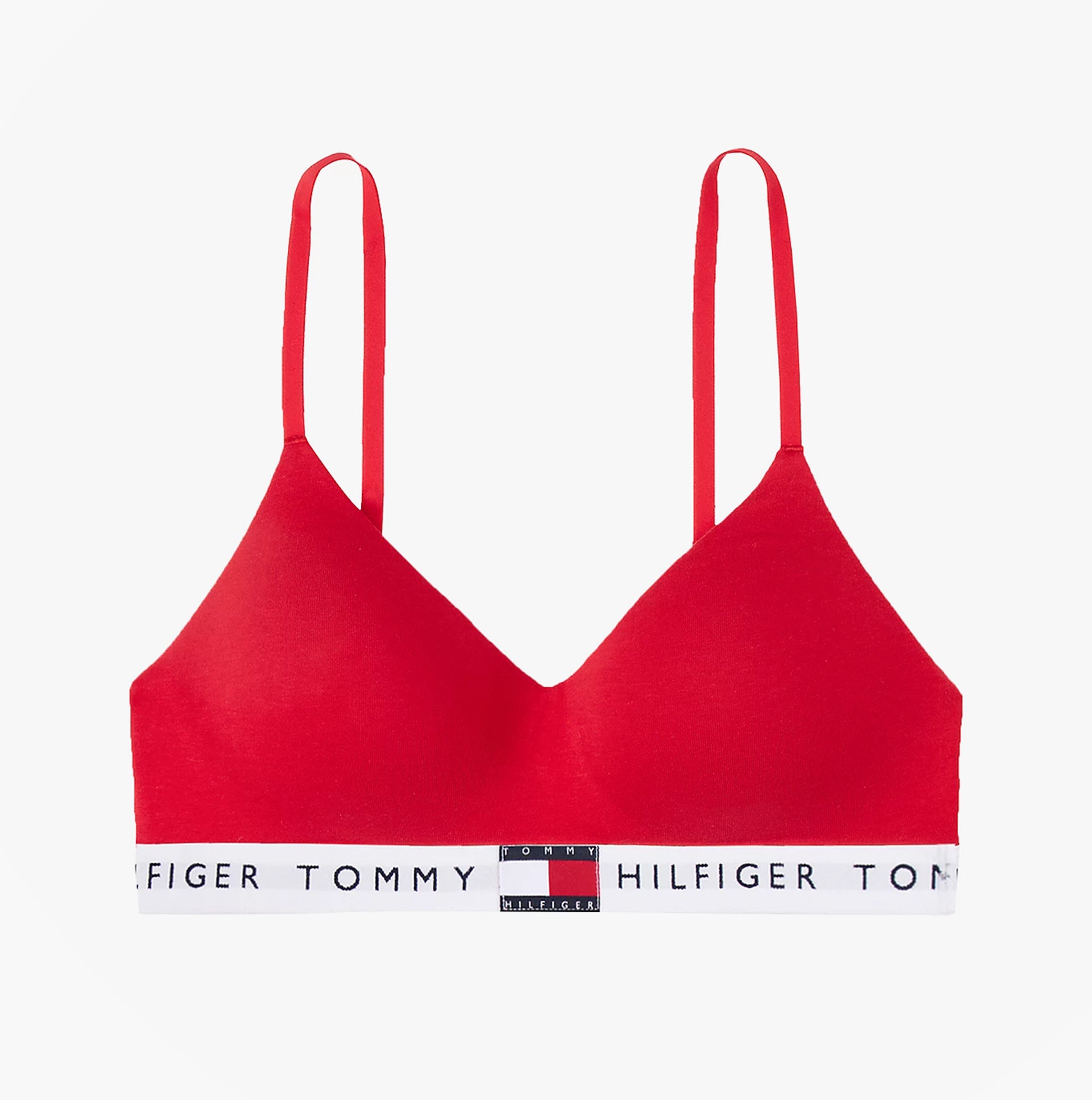Tommy Hilfiger HERITAGE Womens Padded Push-Up Bralette Primary Red front view showcasing slim adjustable straps and logo underband.