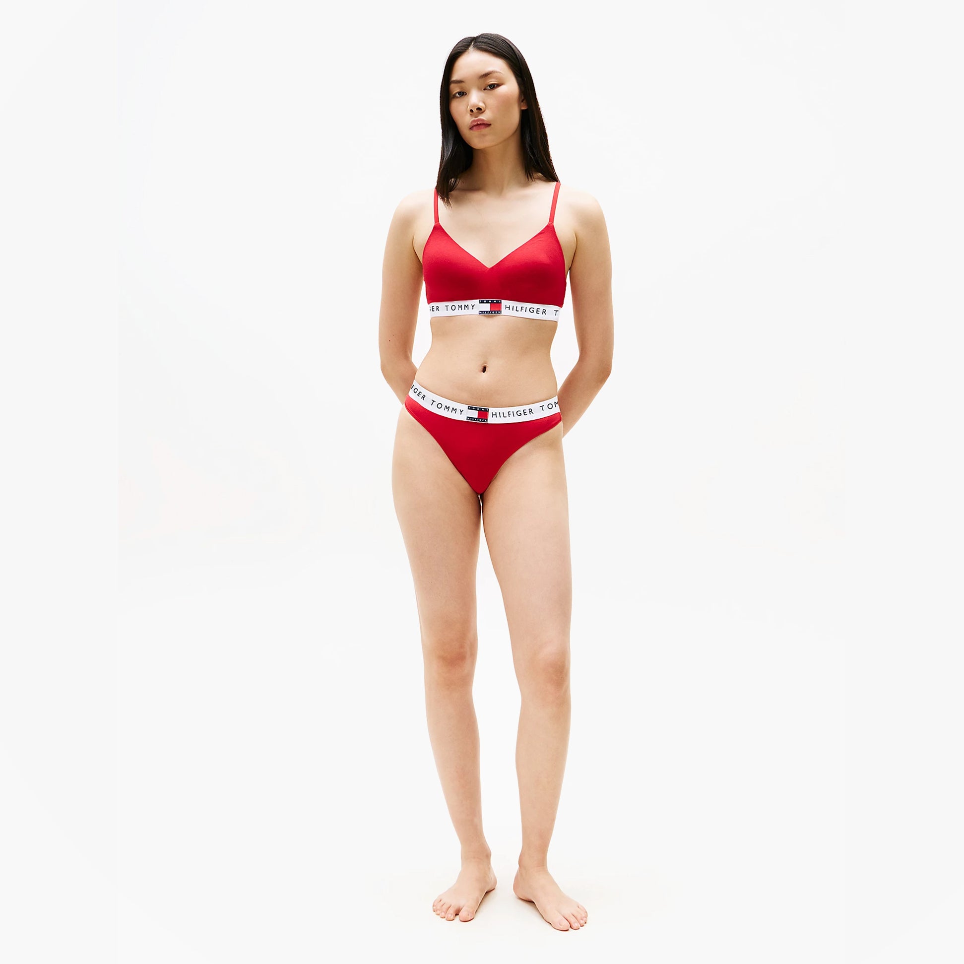 Tommy Hilfiger HERITAGE Womens Padded Push-Up Bralette Primary Red front view featuring slim straps and logo elasticated underband.