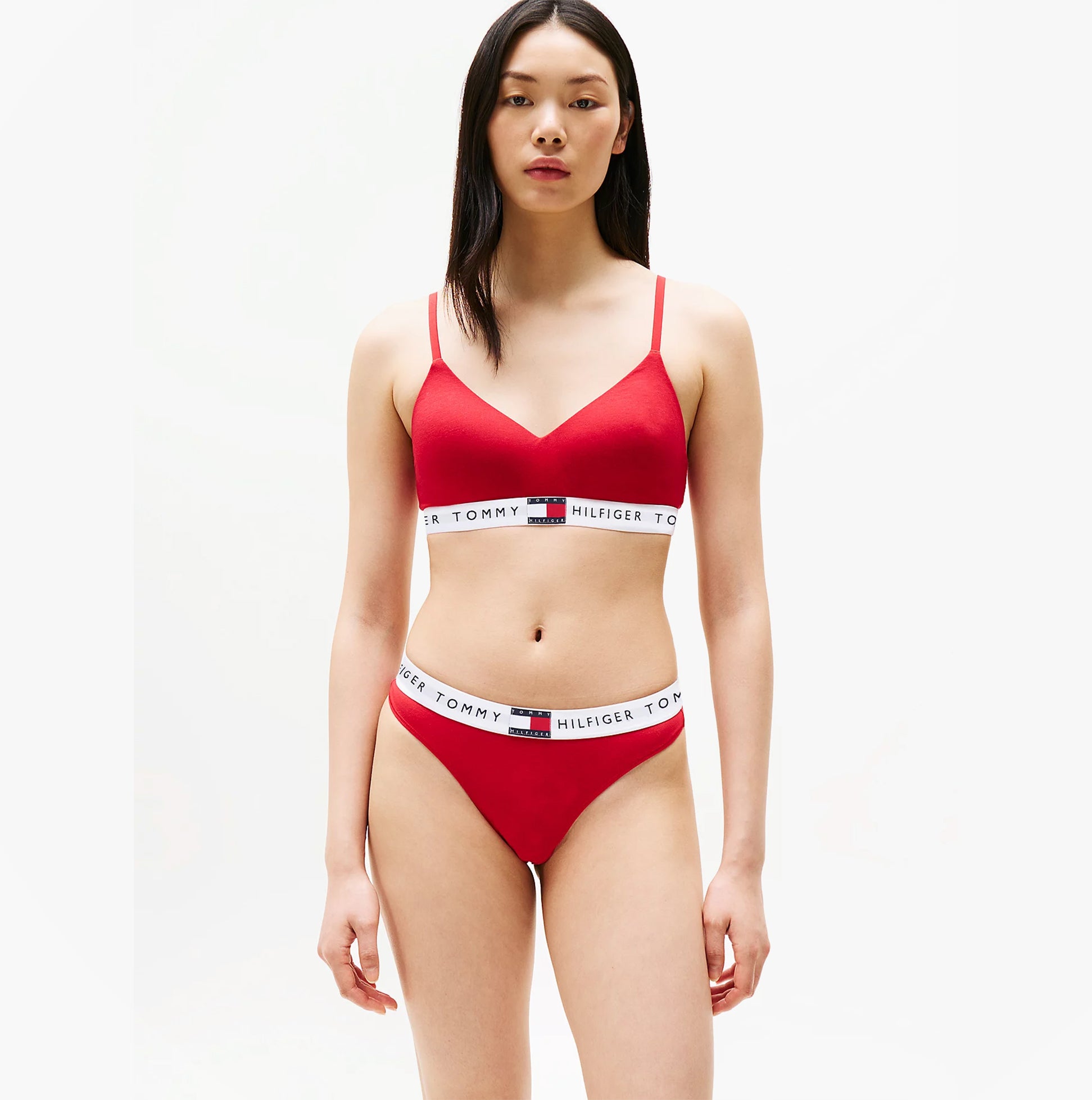 Tommy Hilfiger HERITAGE Womens Padded Push-Up Bralette Primary Red front view, showcasing padded, non-wired design with adjustable straps.