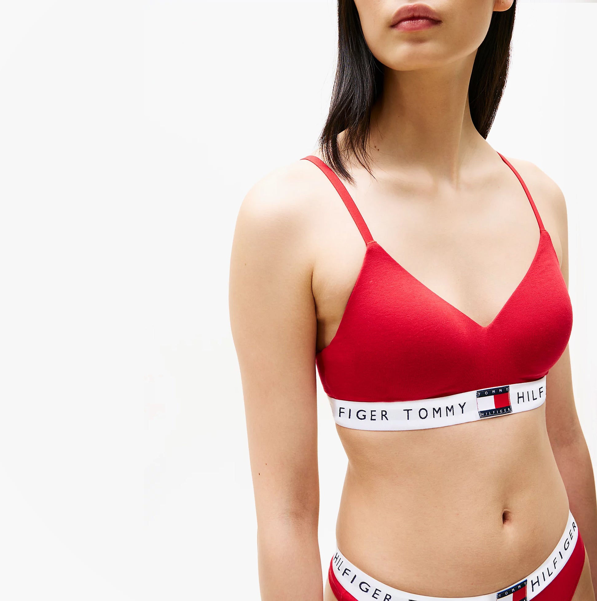 Tommy Hilfiger HERITAGE Womens Padded Push-Up Bralette Primary Red side view featuring slim adjustable straps and scoop V-neck.