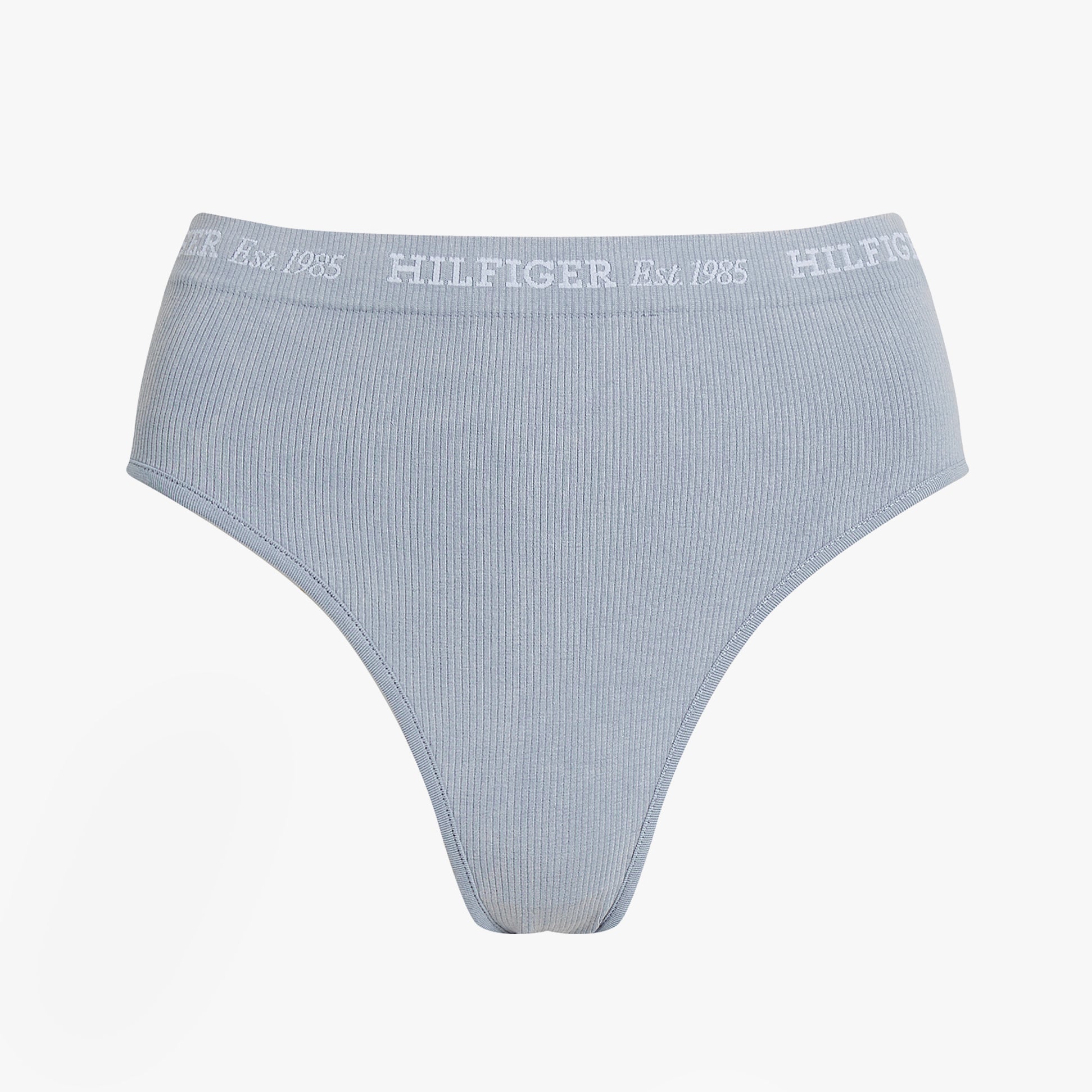 Tommy Hilfiger RIBBED Womens High Rise Briefs Brisk Blue front view showcasing ribbed texture and Hilfiger logo.