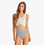 Tommy Hilfiger RIBBED Womens High Rise Briefs Brisk Blue front view on model wearing a grey top with knotted detail.